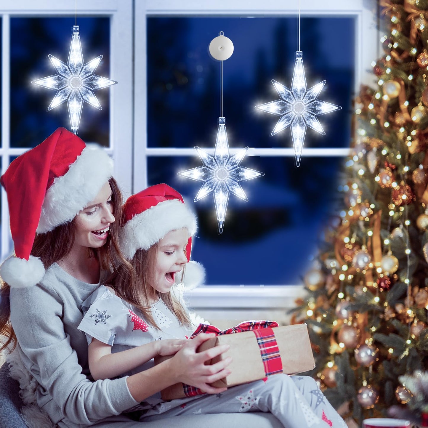 LYUBASA 3Pcs Christmas Window Lights Decorations with Timer,Battery Powered Christmas Window Hanging White Lighted Lucky Star Shaped LED Sucker Lamp for Xmas Tree Fireplace Window Indoor Outdoor Decor
