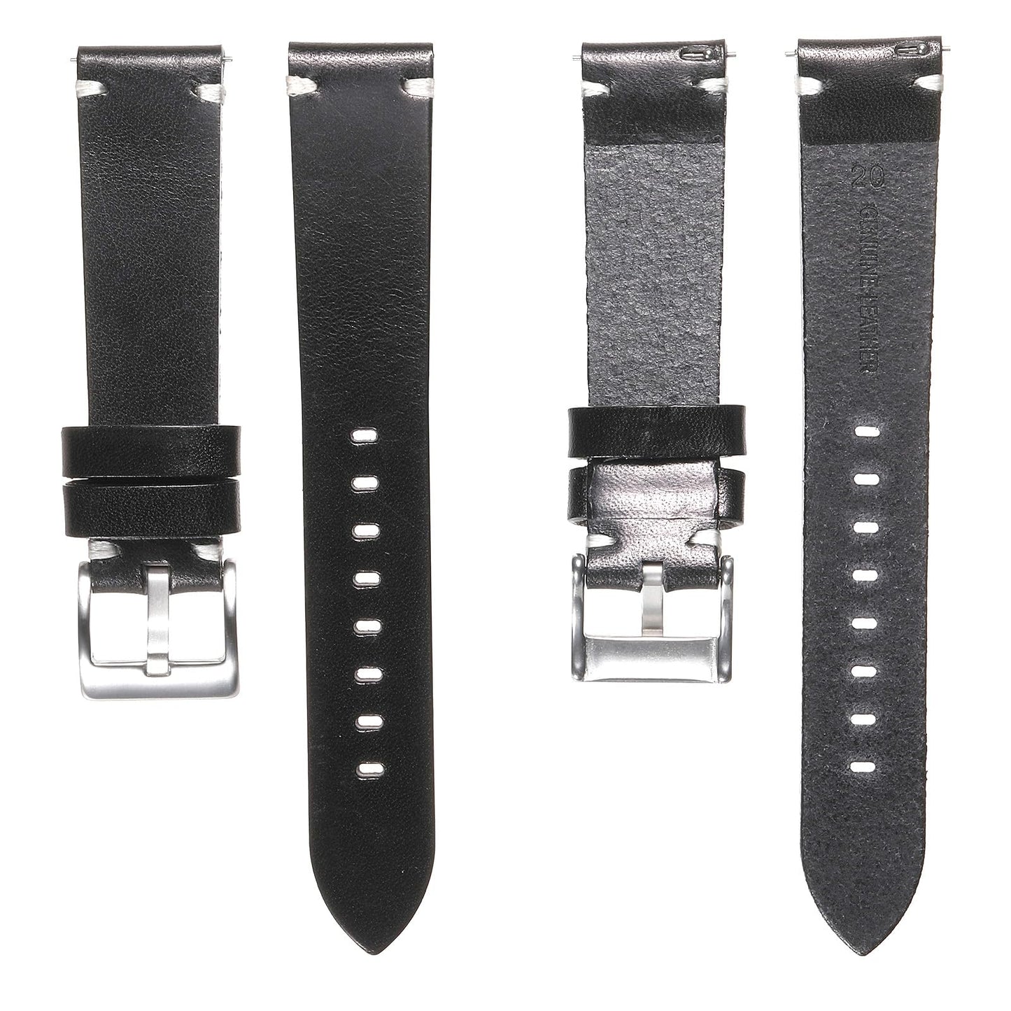Berfine 20mm Leather Watch Band for Men Women, Vintage Handmade Quick Release Watch Strap Replacement, Thick Single layer, Black