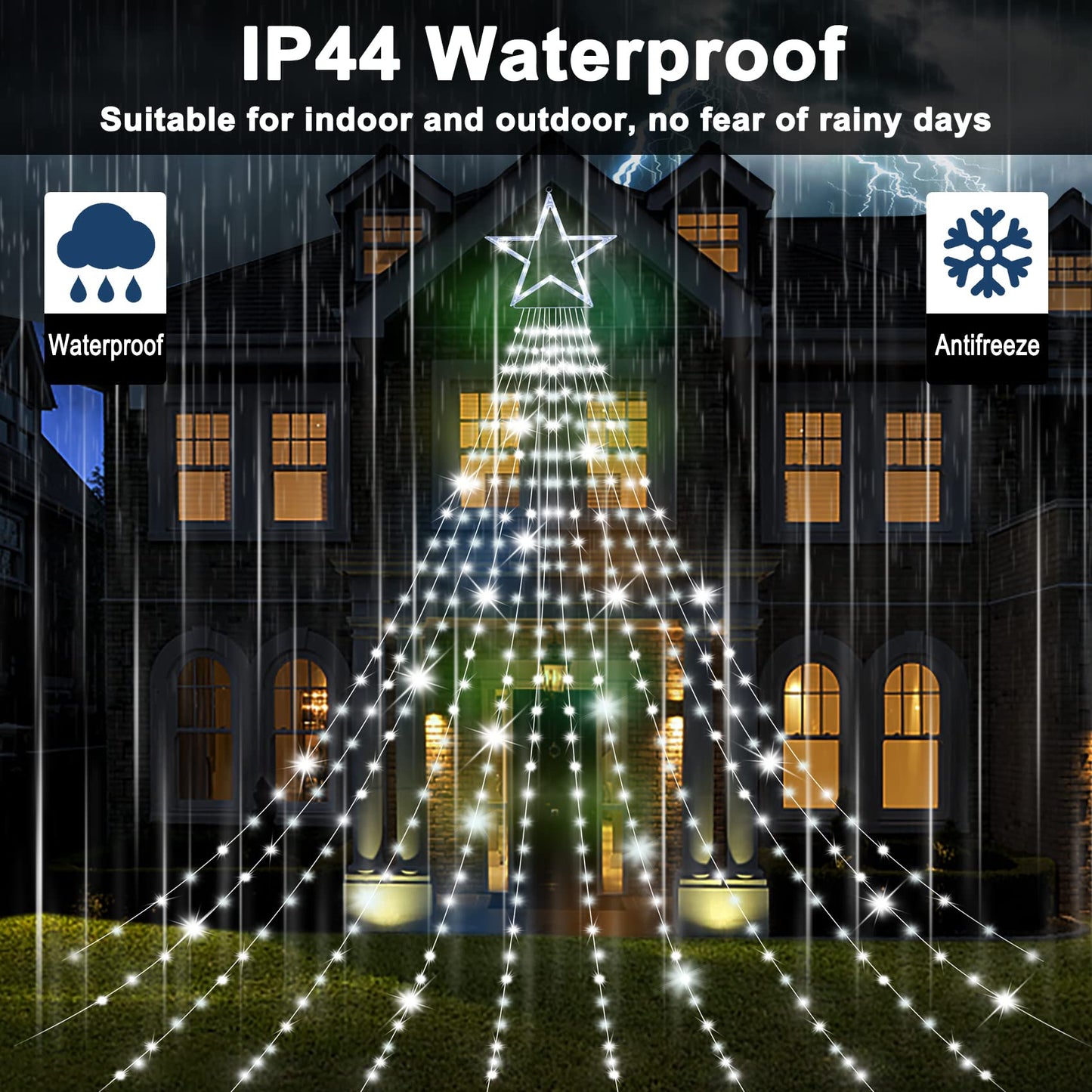 Onory Christmas Outdoor Star String Lights 23FT 860 LED Waterproof Waterfall Tree Lights with Star Topper, 8 Modes Christmas Decorations Outdoor Tree Lights for Patio, Yard, Party Holiday Dec