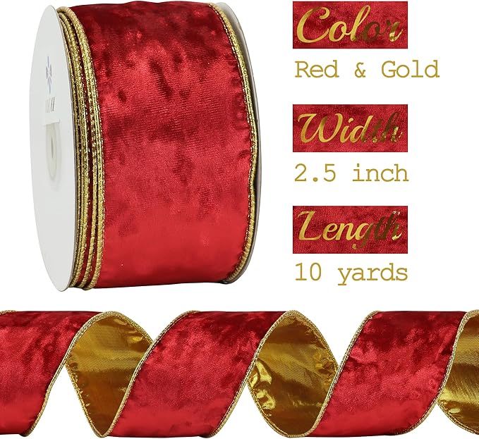 MEEDEE Red Velvet Wired Ribbon 2.5 Inch 10 Yards Double Sided Gold & Red for Christmas Tree, Wreath & Crafts
