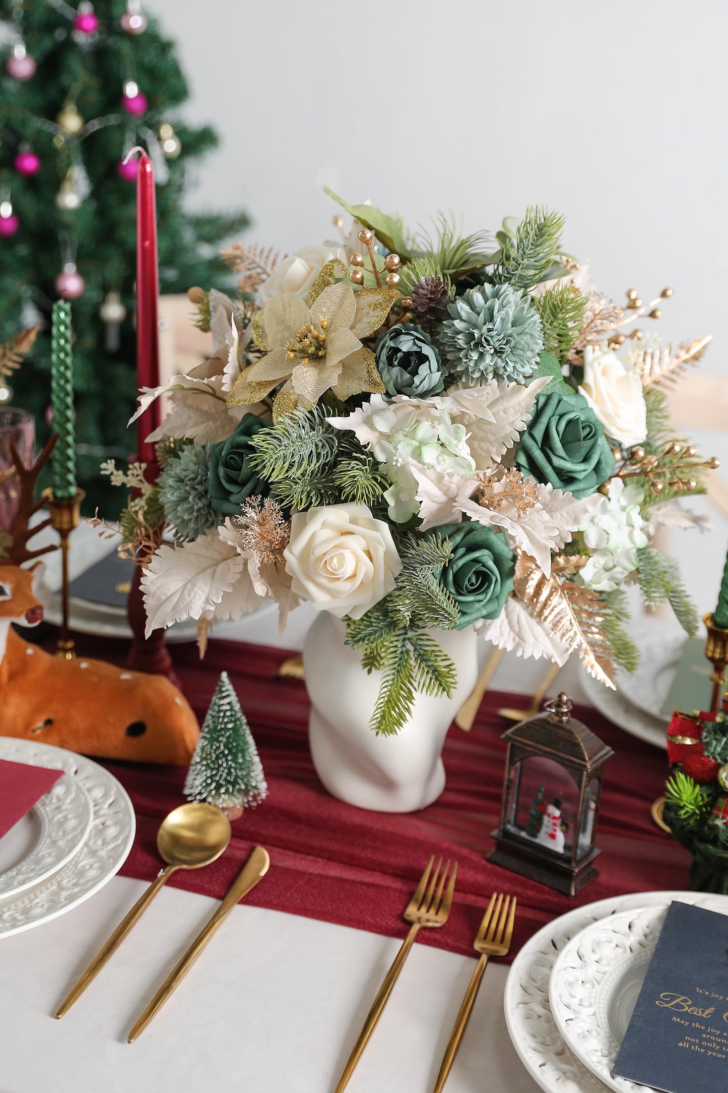 rongflower Christmas Artificial Flowers Greenery Combo Box Set Silk Flowers Fake Rose for DIY Christmas Red Theme Decoration Tree Ornaments, Xmas Wreath Floral Arrangements Party