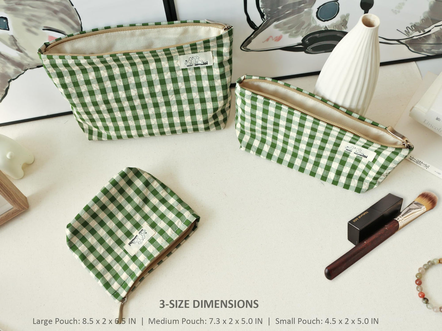 HAPPYHEIDI Nylon Checker Makeup Bag Set 3 with Compartment Cosmetic Toiletry Travel Pouch,Purse Accessory Organizer, 3-Size, Beige Green Plaid, Canvas Lined
