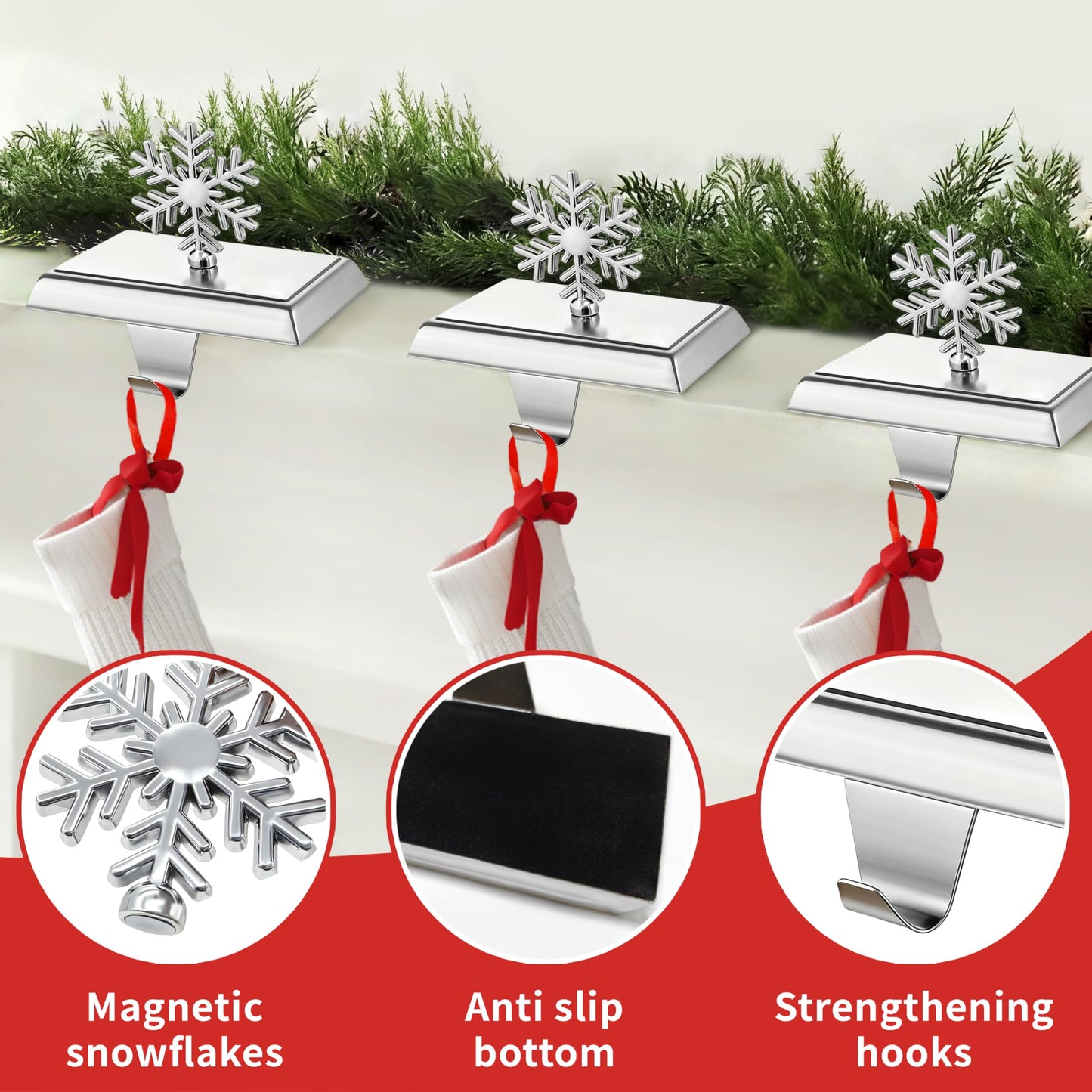 SYITCUN Stocking Holders for Mantle, 4 Pcs Weighted Christmas Stocking Holder, Magnetic Silver Snowflakes Stocking Hooks for Fireplace