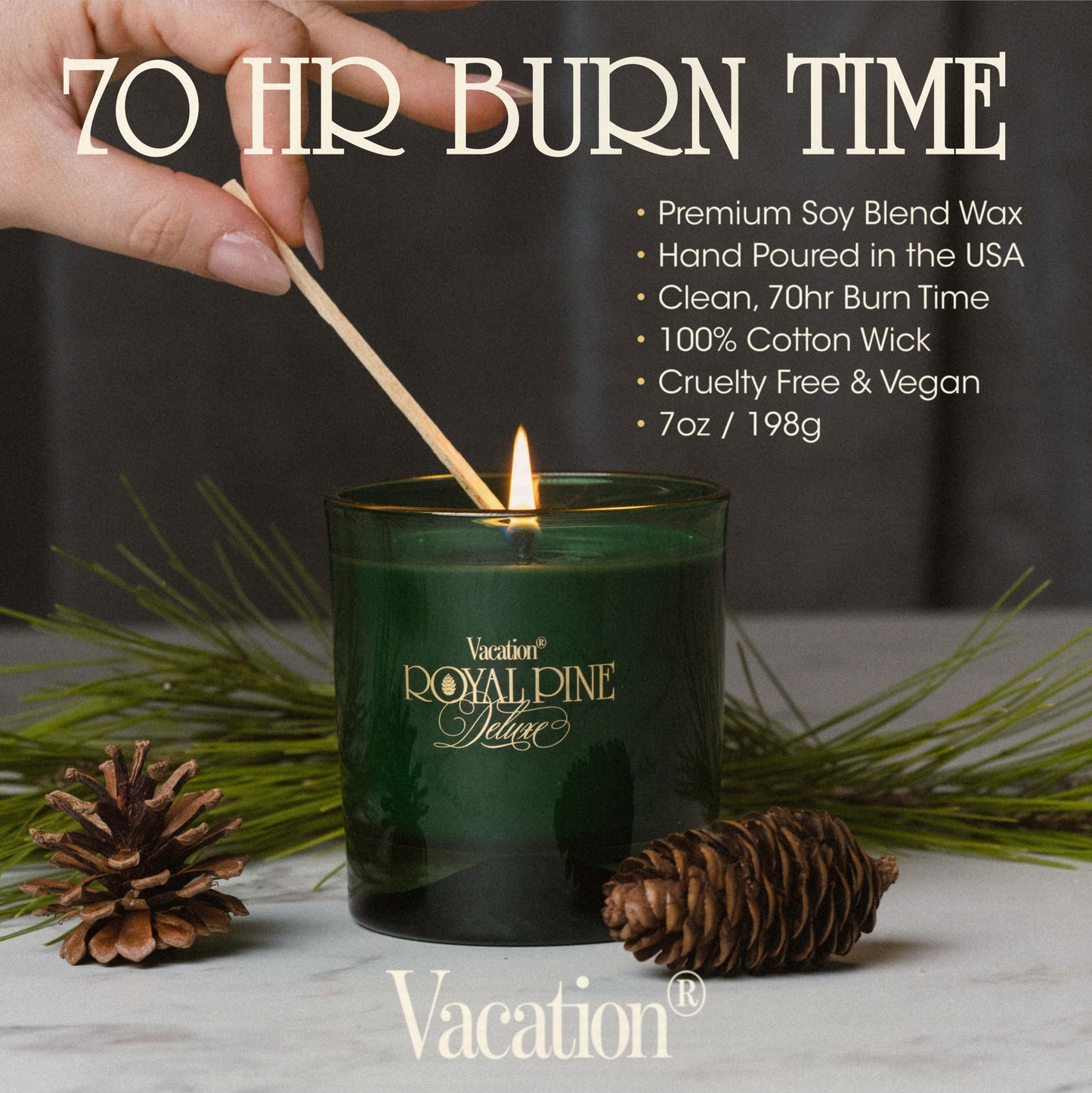 Vacation Royal Pine Scented Soy Candle, 7 Ounces - Pine Candle for Winter Home Decor, 70-Hour Burn, Gift for Women