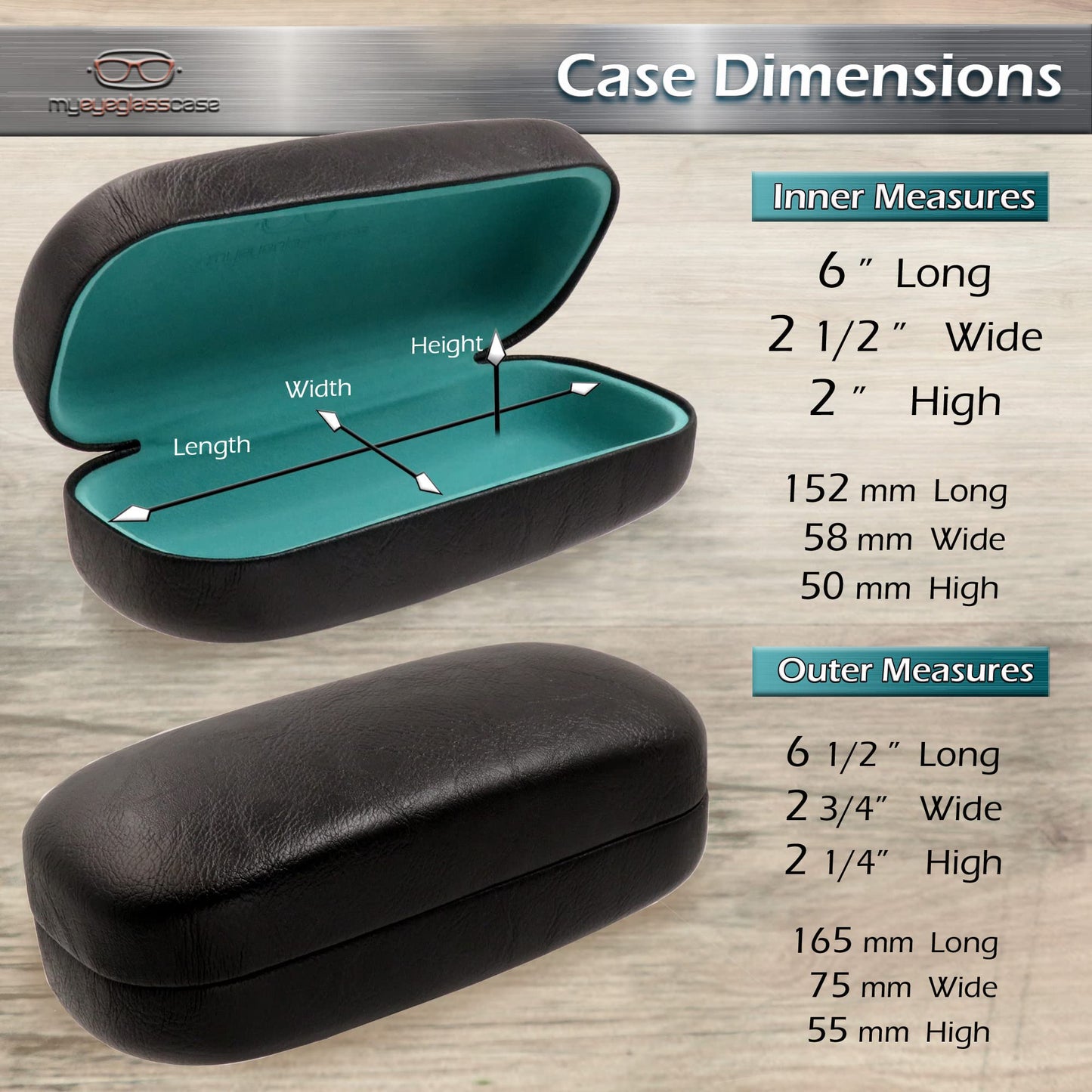 MyEyeglassCase EXTRA LARGE case for straight Rectangle in Distressed Leather-Like Glasses Case – Over size Sunglass Holder Hard Shell durable and safe – Includes Pouch & Cloth (AS505 Black/Teal)