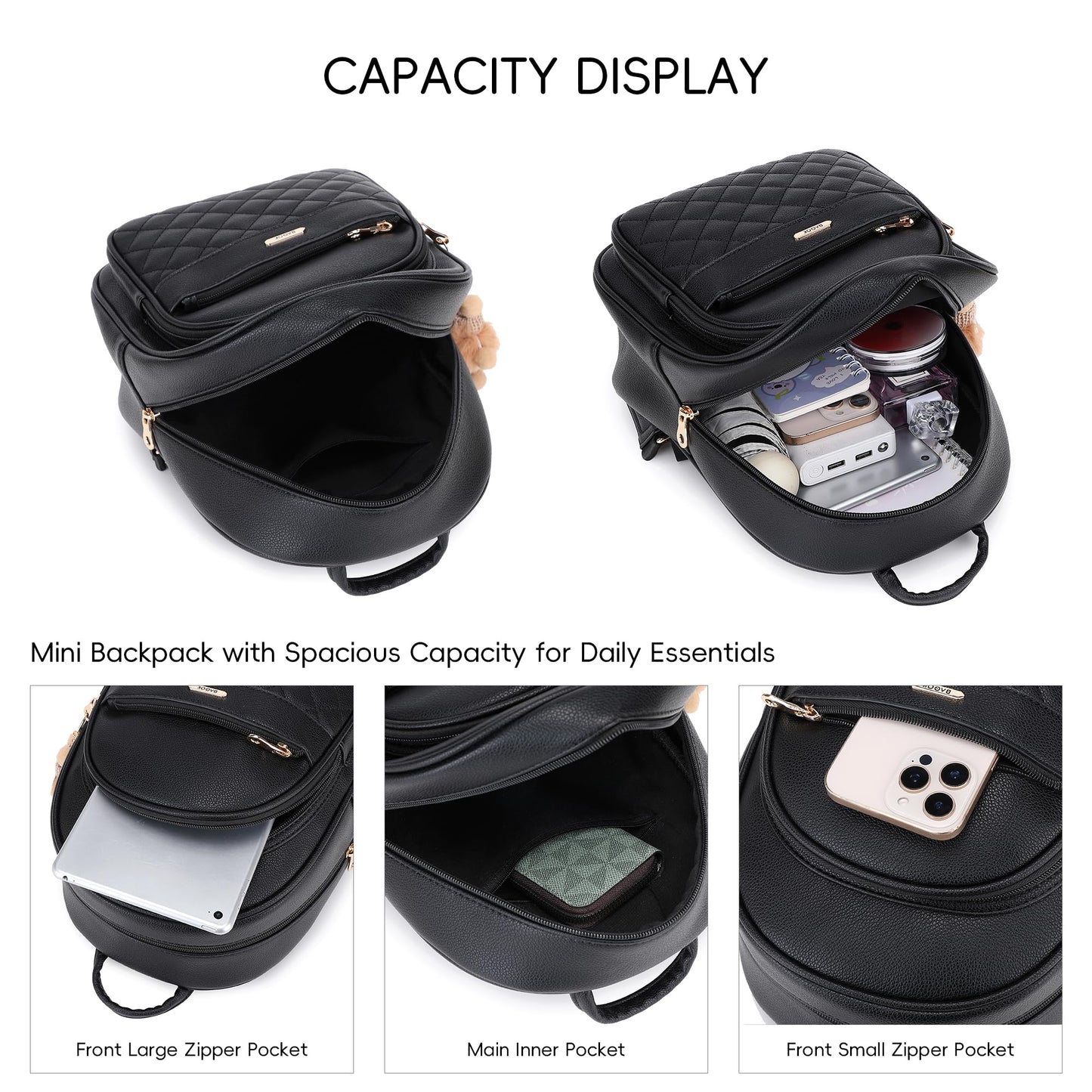 BAGOK Mini Leather Backpack Purse for Women, Small Backpack Purse with Cartoon Charm, Cute Fashion Bag for Girls
