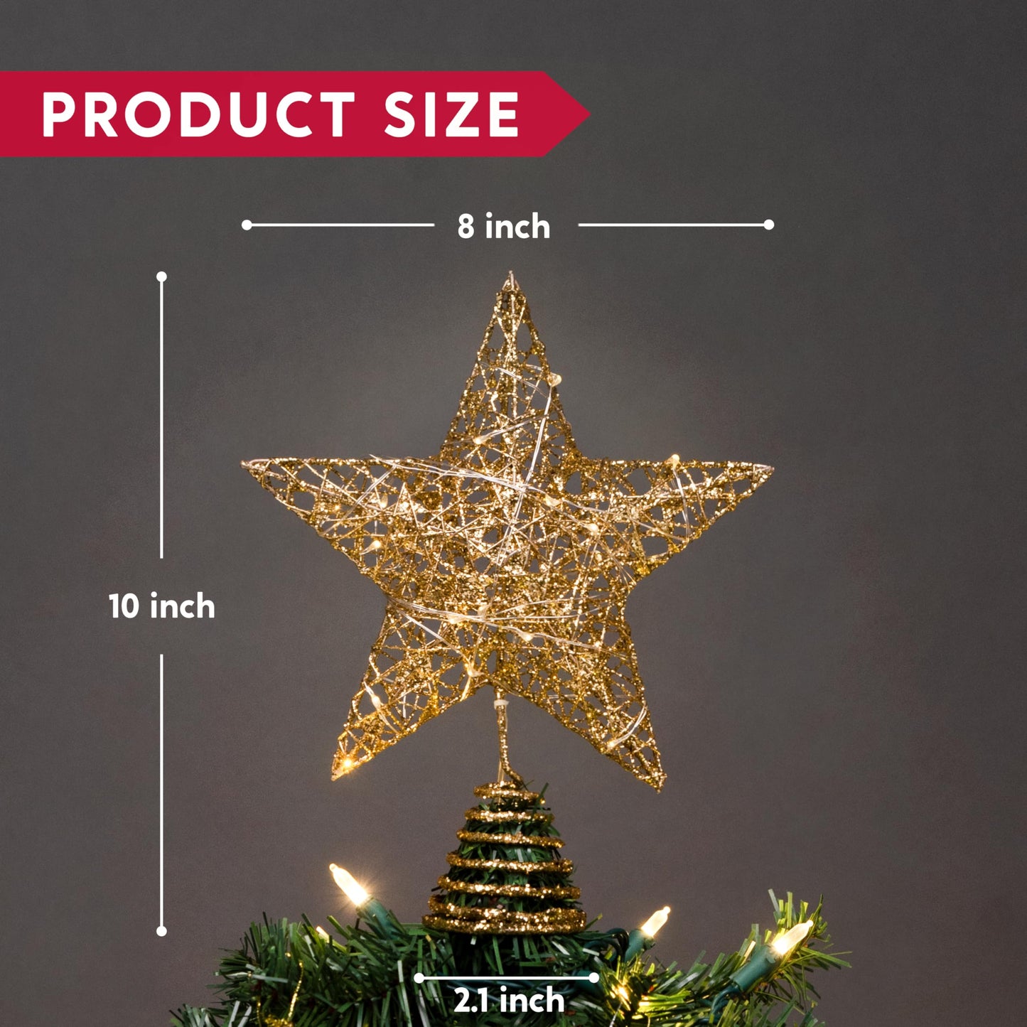 Joiedomi 8 inch Christmas Gold Glitter Star Tree Toppers Metal Lighted with 20 LED Lights for Xmas Decorations, Holiday Party Indoor Decor