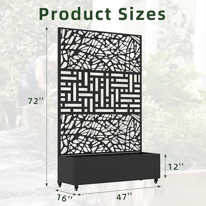 Casaphoria Metal Raised Garden Bed with Trellis and Wheels, 72"x47"x16" Planter Box for Climbing Plants, Vegetables & Vines, Features Drainage Holes and Privacy Screen, Black(Net&Helen)