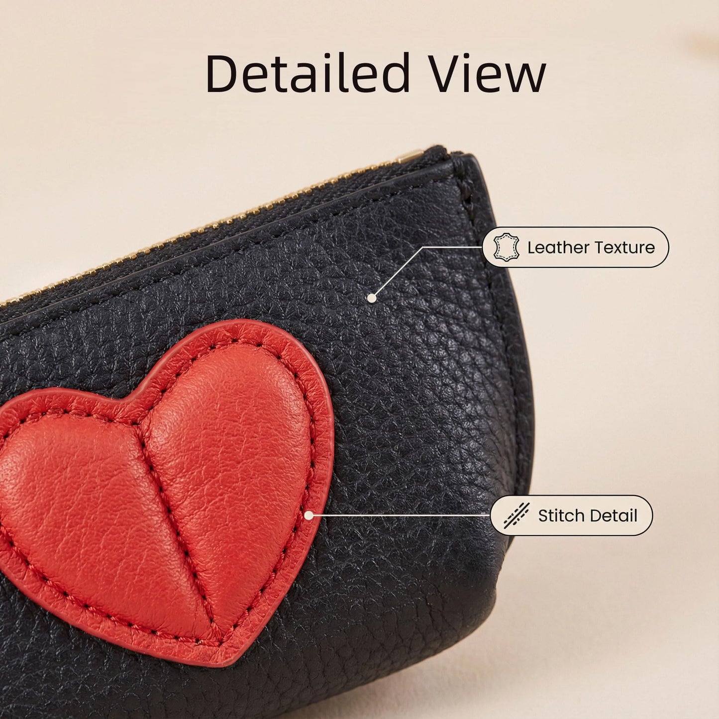Red Heart Design Small Coin Purse - Cute Compact Keychain Change Purse Soft Leather Wallet with Zipper for Women (Black)