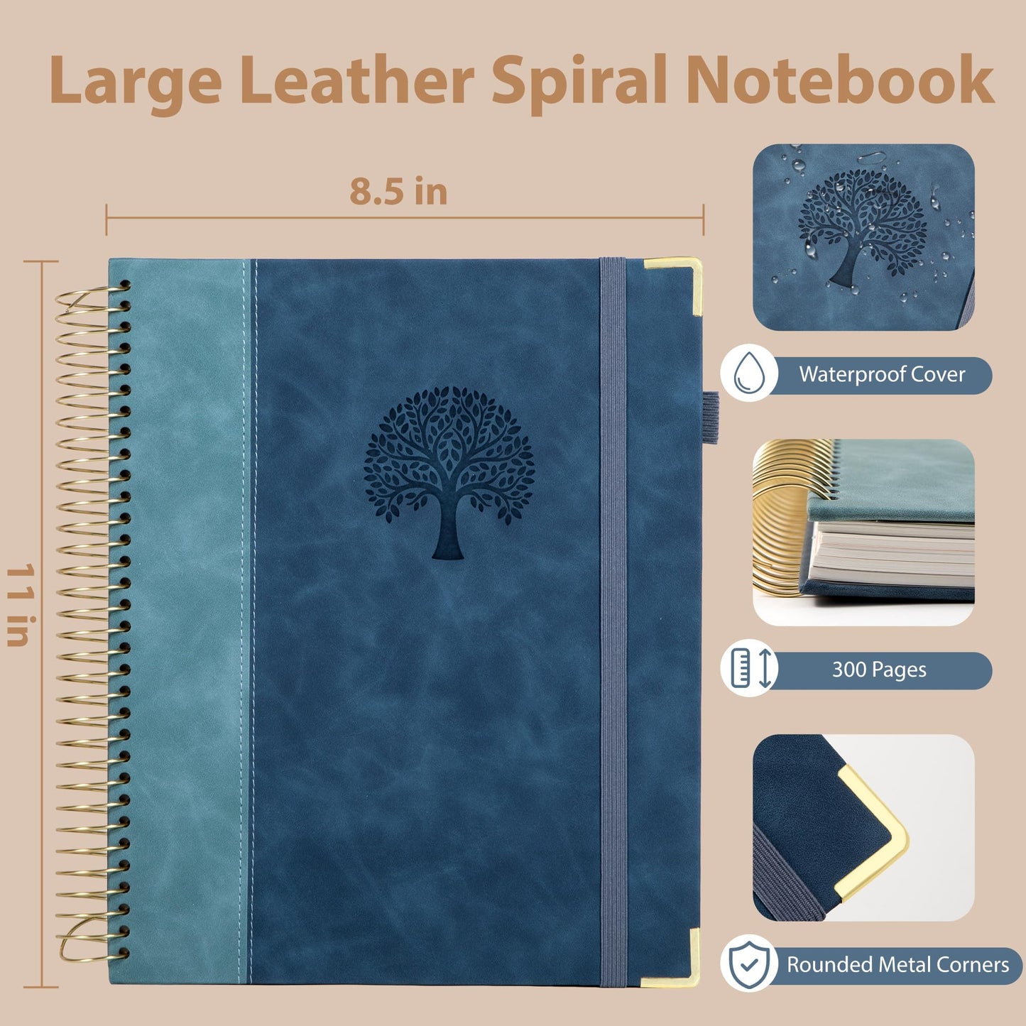 Yoment Hardcover Spiral Notebook 8.5" x 11" Leather 5 Subject Notebook College Ruled with Dividers Tabs 300 Pages Large Spiral Journal Notebooks for Work School Note-Taking Business, Gray Blue