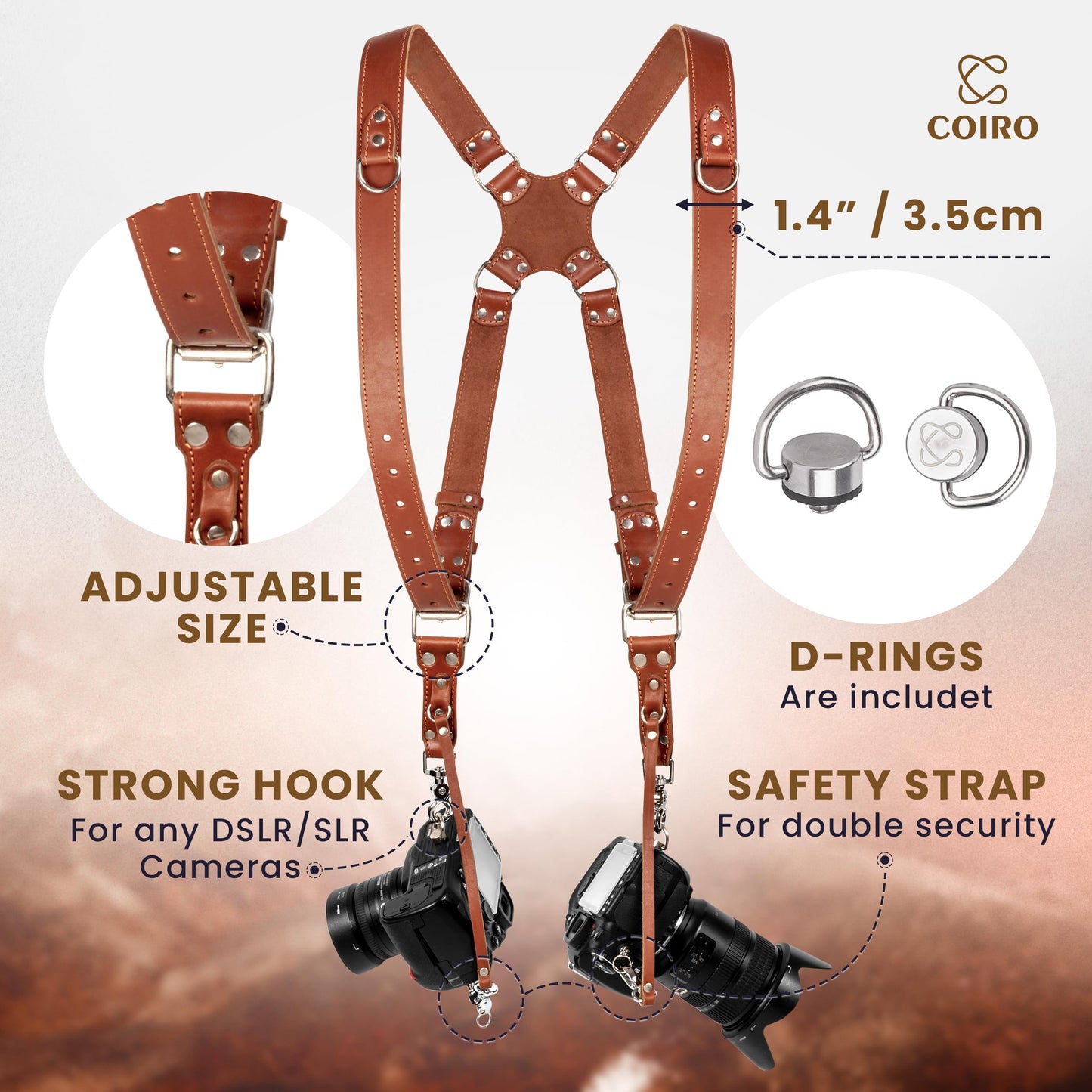 C Coiro Camera Harness for 2 Cameras – Dual Shoulder Leather Camera Strap – Double Camera Harness for DSLR/SLR, Camera Straps for Photographers of All Levels, Standard Straps/Color Tan