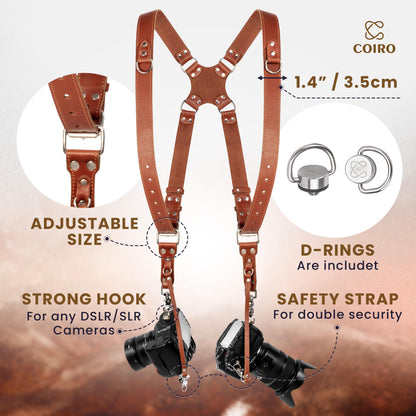 C Coiro Camera Harness for 2 Cameras – Dual Shoulder Leather Camera Strap – Double Camera Harness for DSLR/SLR, Camera Straps for Photographers of All Levels, Standard Straps/Color Tan