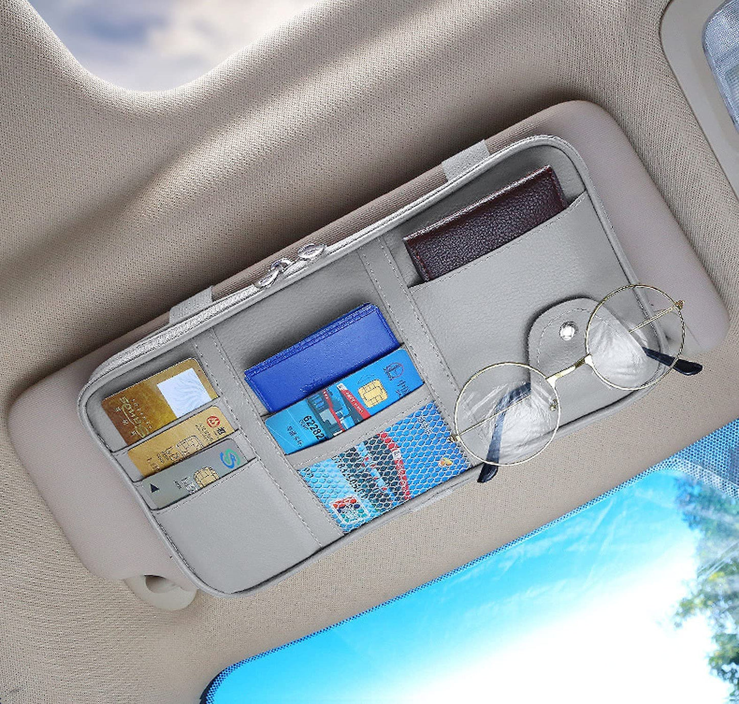 Da by Car Visor Organier Truck SUV Sun Visor Storage Pocket PU Leather Pouch Holder with Multi-Pocket Double Zipper Net Pocket, for Cards Pens Sunglasses Document (Cream Grey)