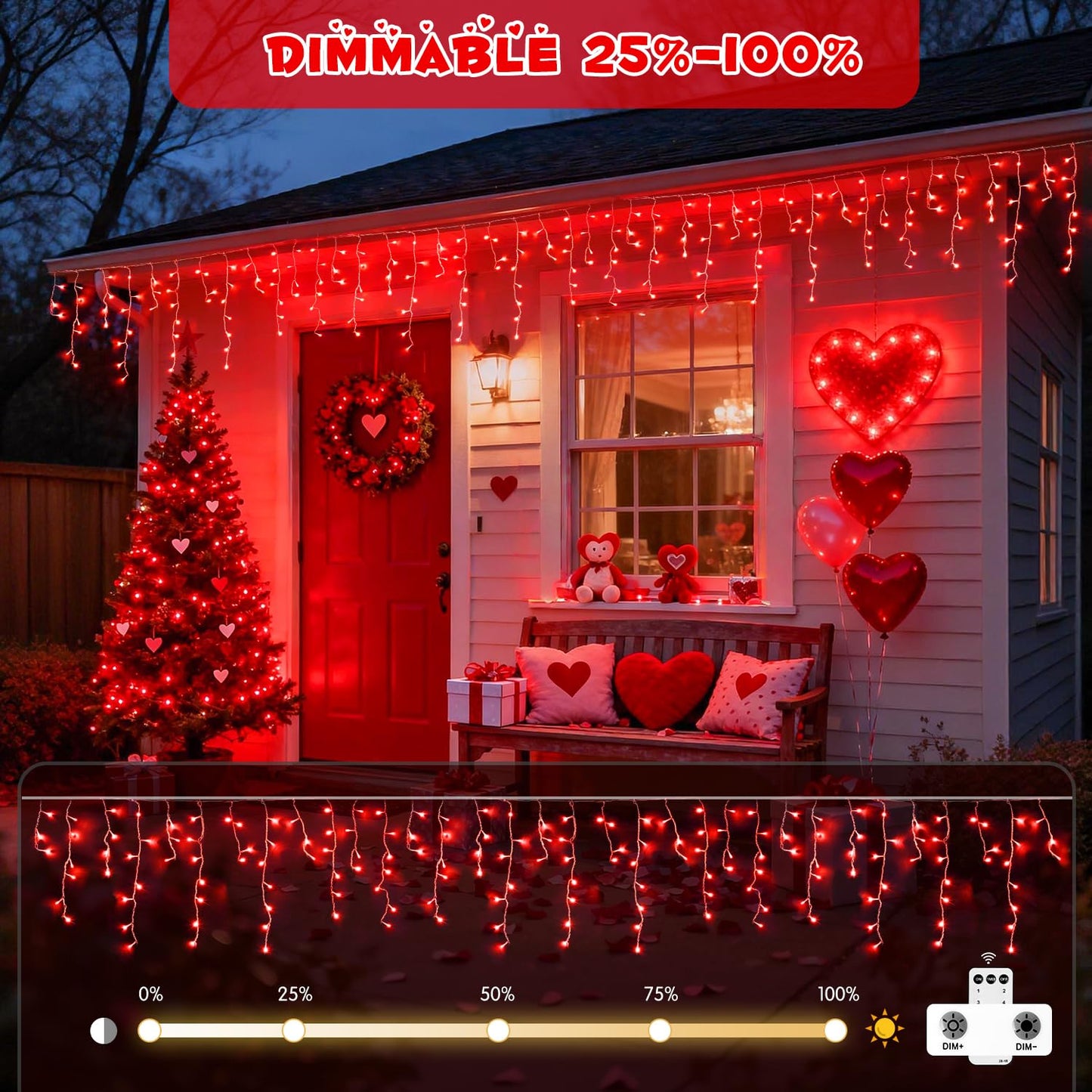 JMEXSUSS 400 LED Red Valentine Lights Outdoor, Connectable Red Icicle Lights Indoor Outdoor with Remote, Christmas Light for Valentine Room Fireplace Christmas Decorations