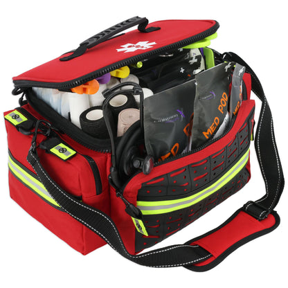 Lightning X Mid-Sized First Responder EMT Bag | LXMB25 | Fully Stocked w/ 240+ First Aid, EMS & Trauma Supplies - RED