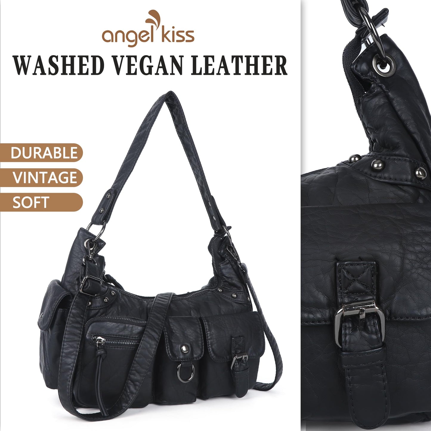 Angel Kiss Hobo Bag for Women Small, Soft Vegan Leather Shoulder Purses and Handbag with Multi-Pocket, Retro Tote Bag Crossbody with Top-Handle and Removable Strap,Black