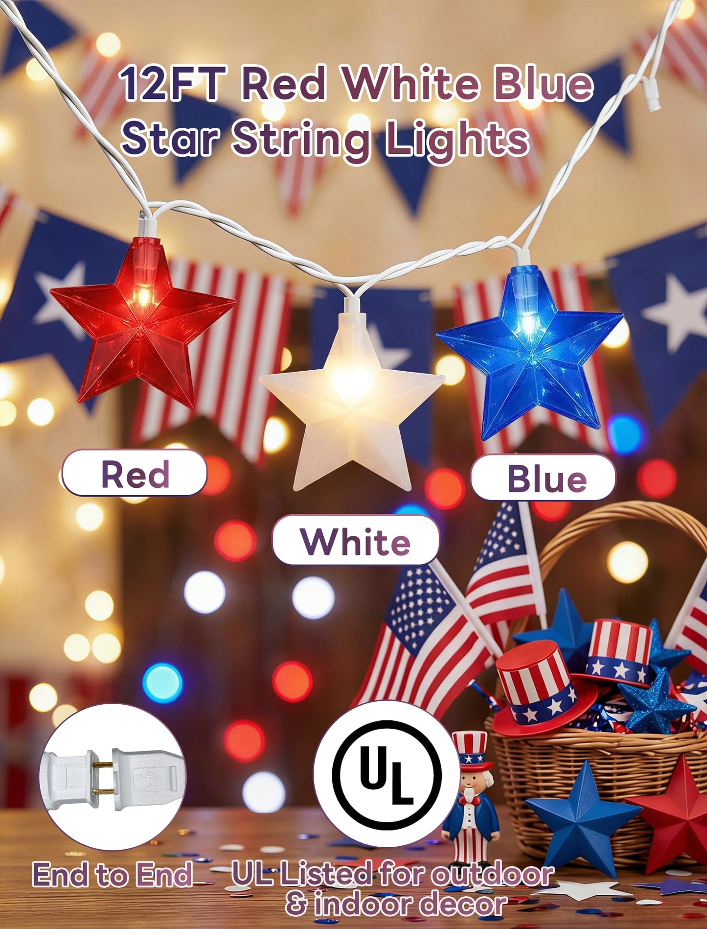 Romasaty 12FT Red White Blue Star String Lights, 4th of July Decorations Lights with 20 LED Star Lights, Plug in Patriotic Lights for Indoor Outdoor Independence Day Memorial Party Home Patio Decor