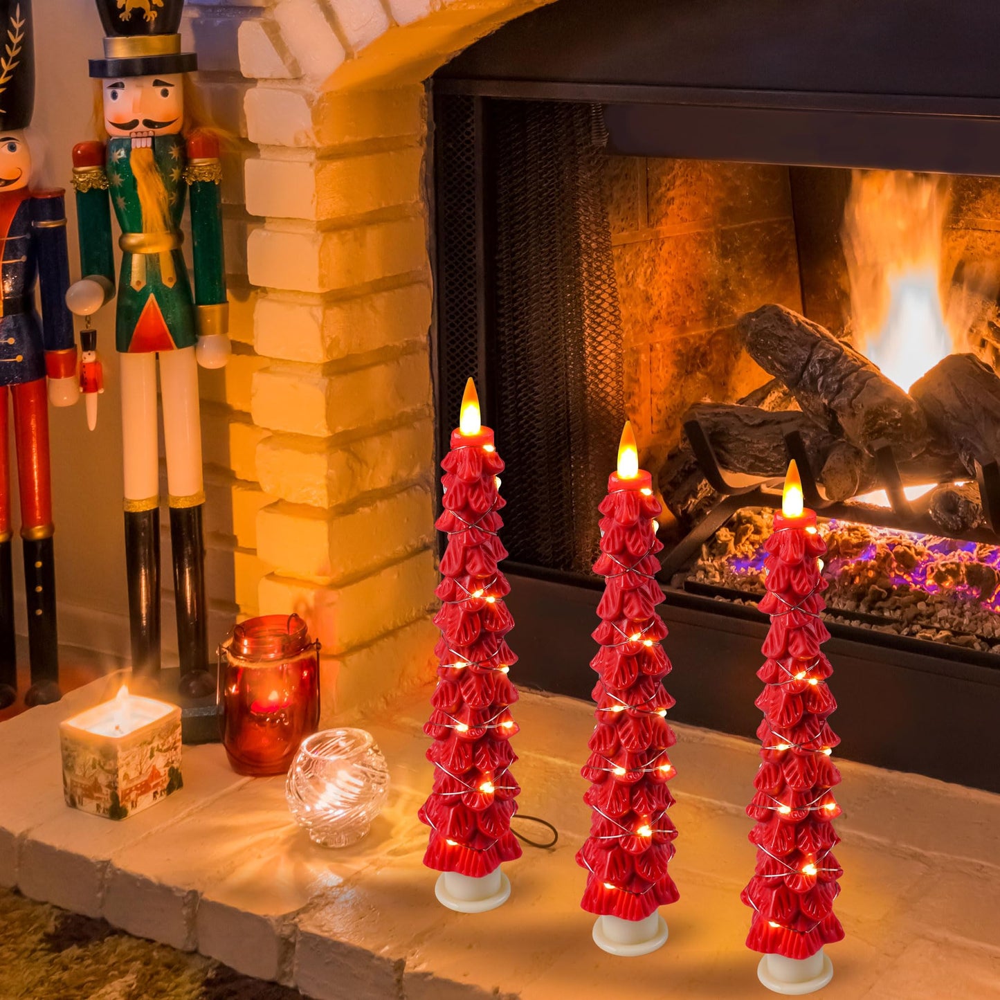 Da by 2 Pack Red Christmas Tree LED Taper Candles, Flameless Candles with Surrounding Copper String Lights, Upgraded Realistic Flickering Flame, Battery Operated with Remote for Christmas Home Decor