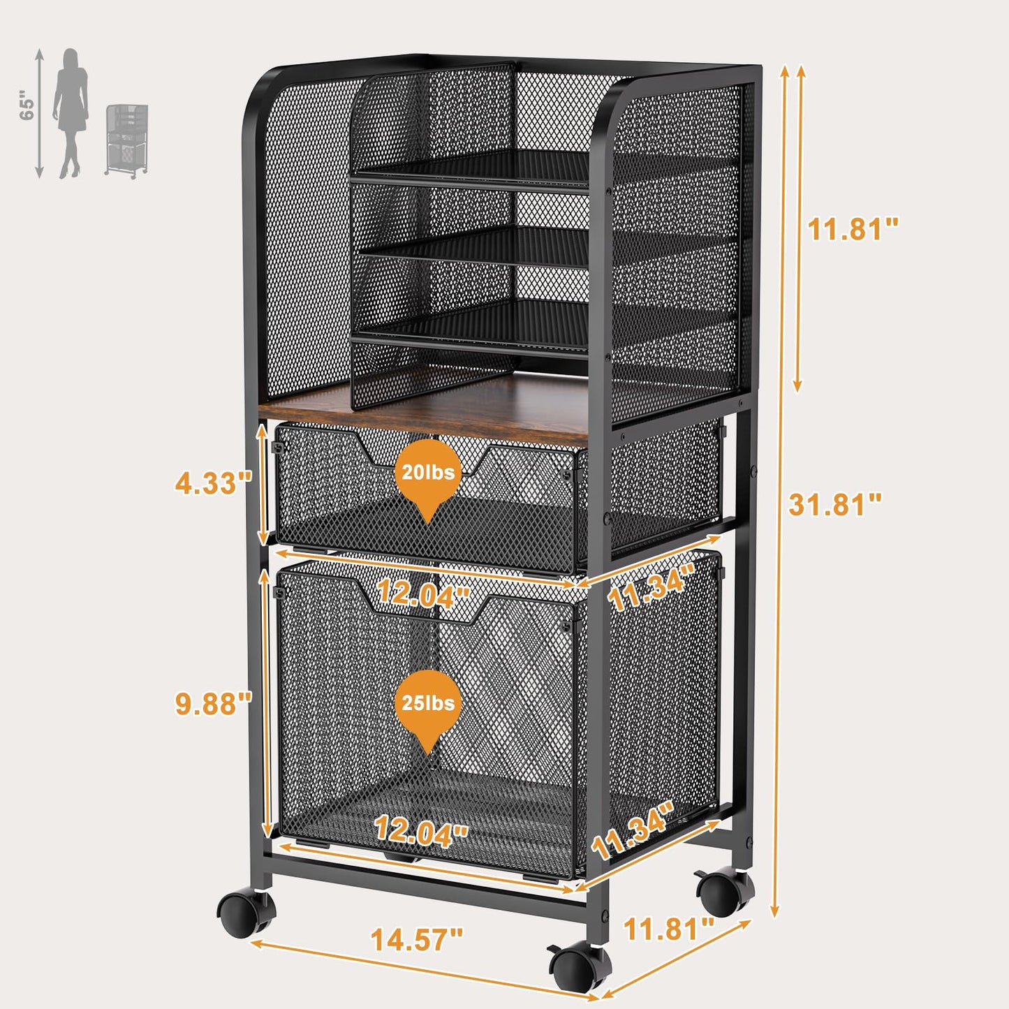 Feyejade 6-Tier Rolling File Cart with 2 Drawers, File Cabinet Organizer for Hanging File Folders, Letter-Size File Storage with Wheels, Multi-Layer Mobile Filing Cabinet for Office and Home