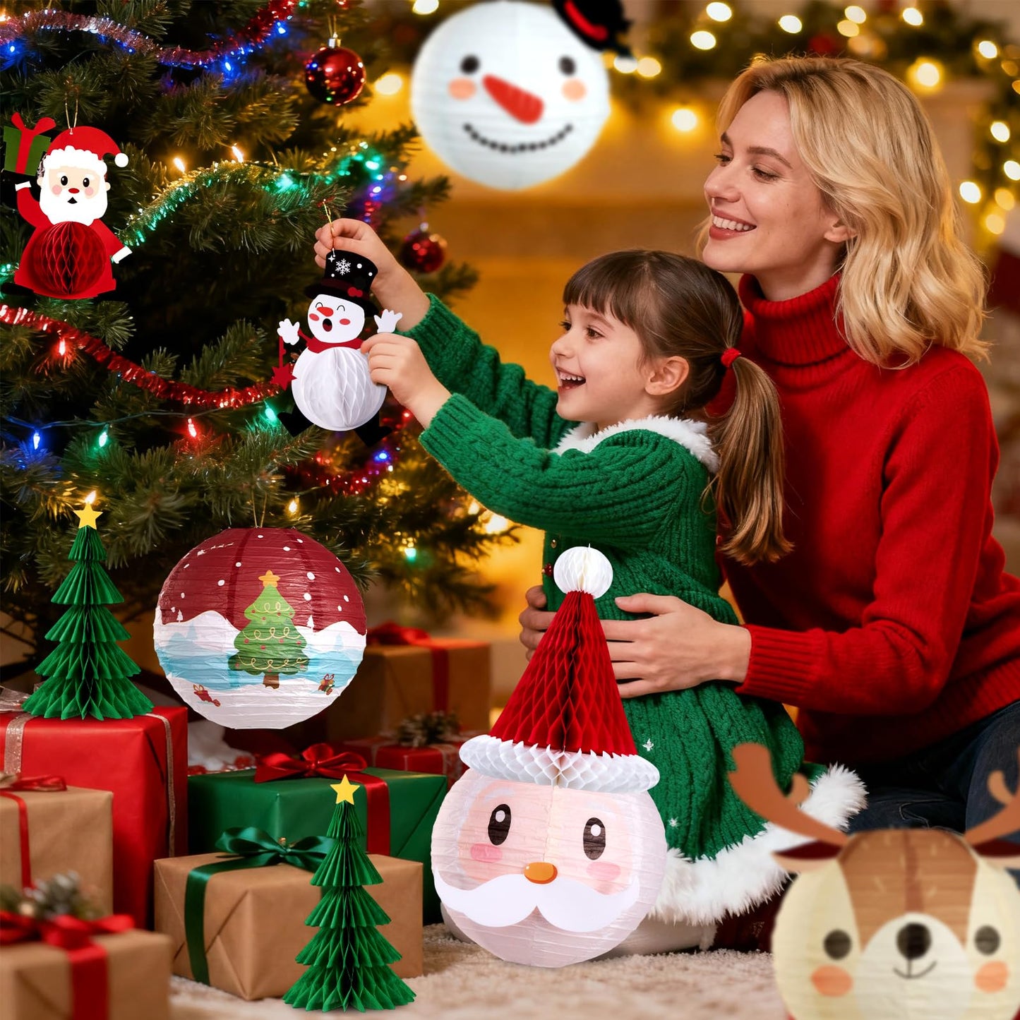 Christmas Paper Lanterns Hanging Classroom Christmas Decorations Ceiling Party Decorations Including 3D Xmas Hat, Santa Claus, Snowman Christmas Trees Honeycomb, for Xmas Holiday Home Indoor 11 PCS