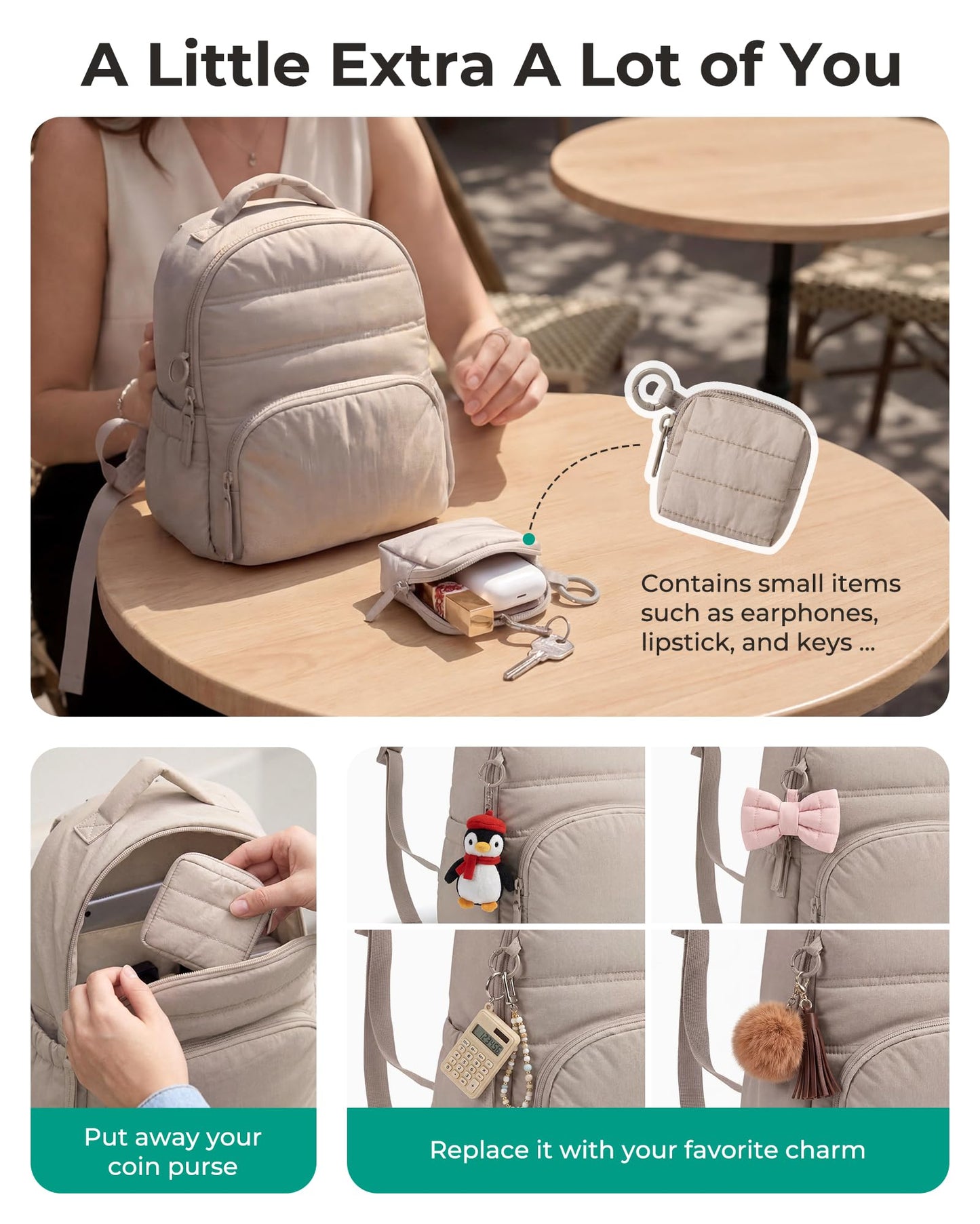 BAGSMART Small Backpacks for Women, Lightweight Puffer Mini Backpack Purse with Pouch, Quilted Casual Daypack, Water-Resistant Bookbag for Daily Travel College, 2-in-1 Set, Coffee Brown