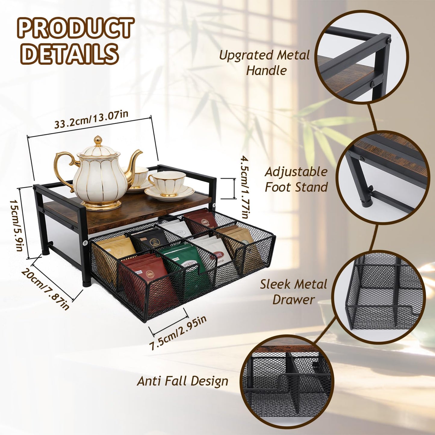 Tea Bag Holder, Tea Bag Organizer and Storage with Drawers, Tea Bags Organizer Natural Wood & Metal with 8 Compartments, Multi-Purpose Tea Rack Teabag Station Chest for Countertop, Kitchen, Office