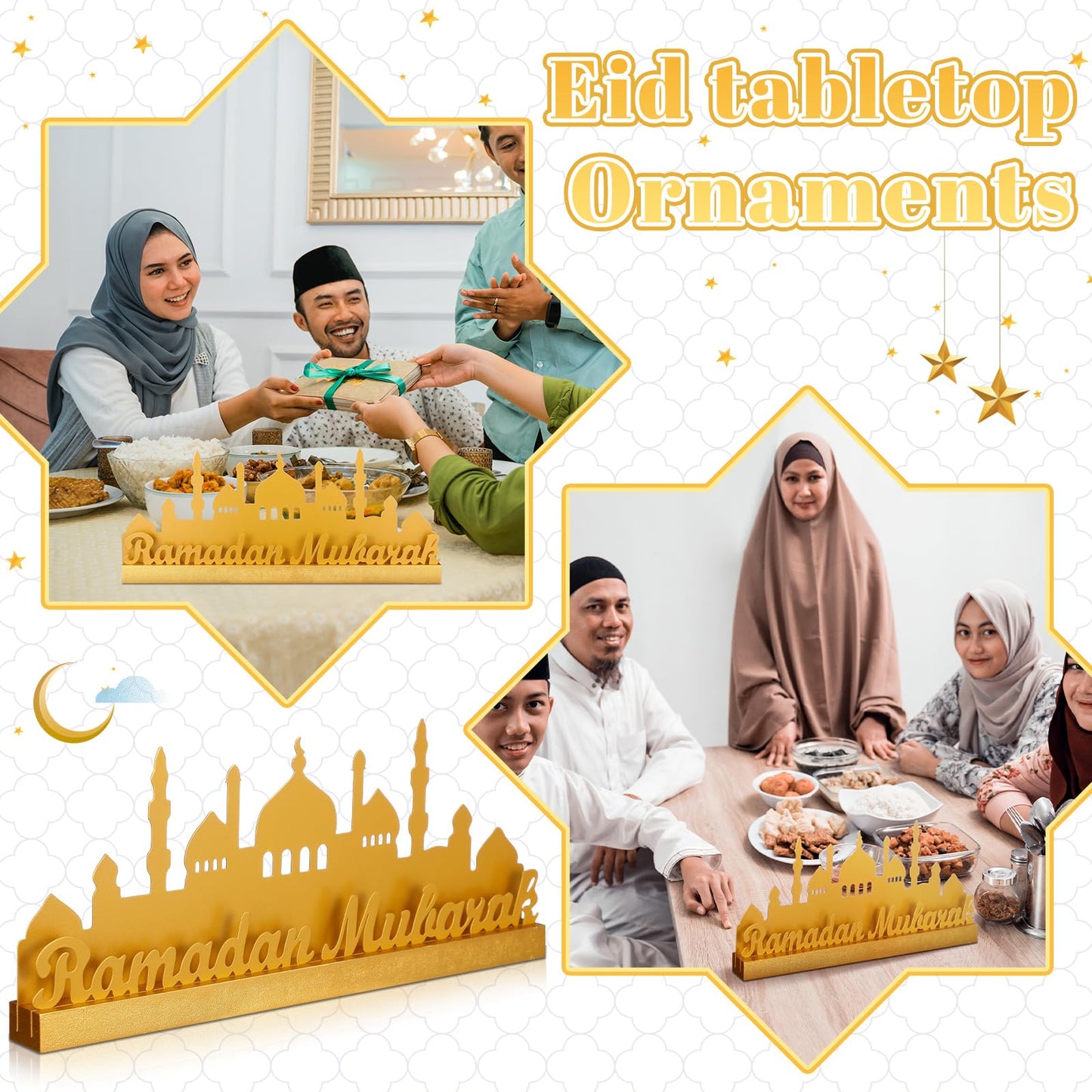13.78 Inch Metal Ramadan Table Sign Ramadan Mubarak Letter Sign Eid Decorations for Home Muslim Golden Palace Islamic Table Centerpiece for Islamic Home Office Kitchen Party Decor Gifts