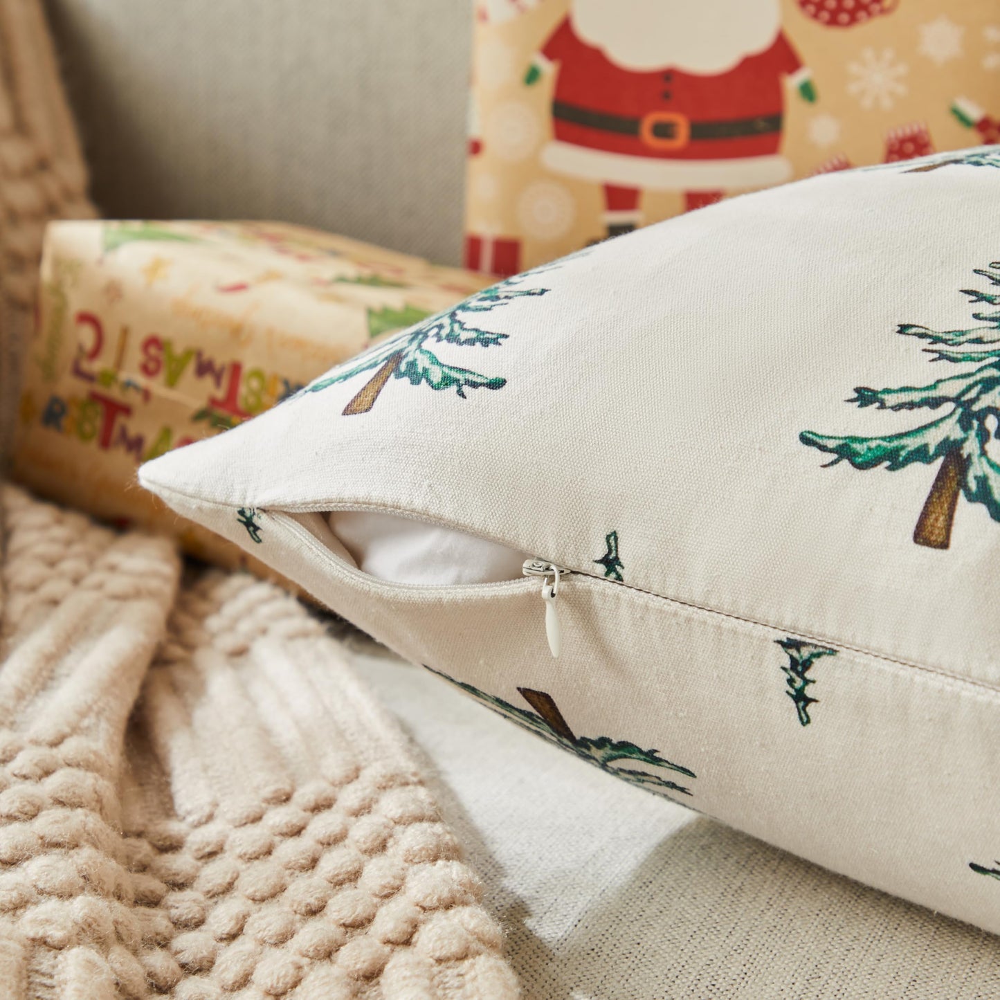 YZJZEDS 100% Cotton Christmas Pillow Covers Set of 2, 24x24 Inch Christmas Green, Winter Tree Print Decorative Xmas Throw Pillow Covers Cushion Case Winter Home Decor for Sofa Bed Living Room