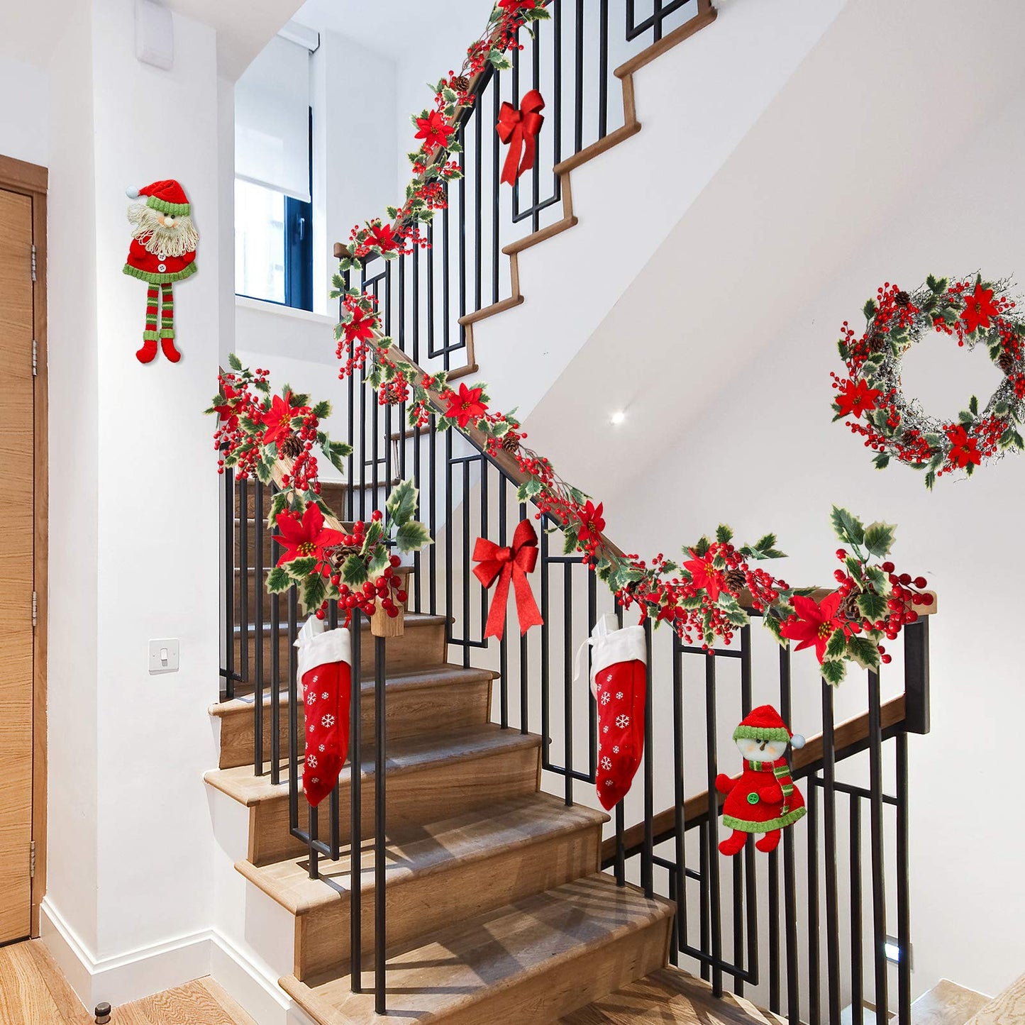 Mocoosy 6.3FT Red Berry Garland with Poinsettia, Artificial Christmas Holly Berry Vine, Winter Berry Christmas Decorations Indoor Outdoor Mantle Fireplace Window Door Hanging Holiday Xmas Home Decor