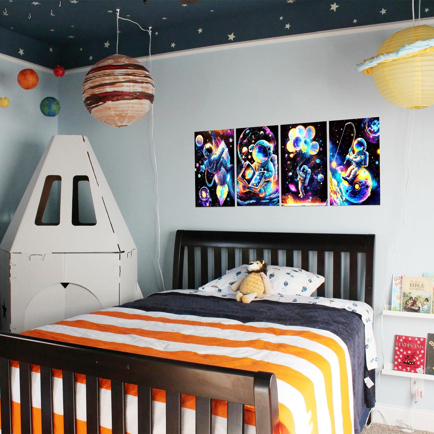 Glow in The Dark Neon Astronaut Space Wall Stickers, Cool Spaceman Boy Bedroom Wall Decals, Fantasy Galaxy Planet Room Decor, Playroom Nursery Ceiling Glass Decoration