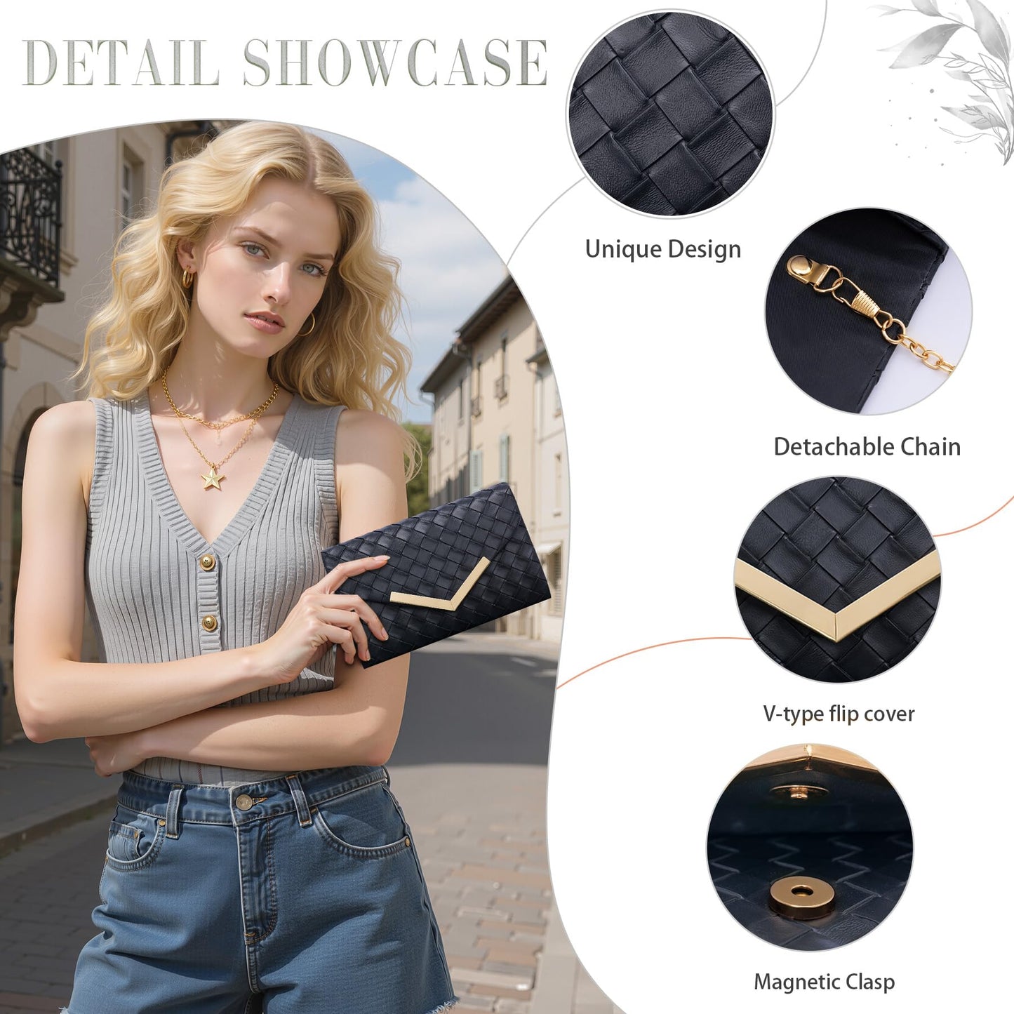Larcenciel Clutch Purse for Women, Woven Black Leather Evening Bag w/Chain Strap, Formal Envelope Clutch Handbag, Elegant Crossbody Shoulder Party Bags for Wedding, Prom, Cocktail Night, Date, Dinner