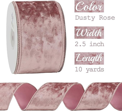 MEEDEE Dusty Rose Velvet Ribbon - 2.5 Inch Crushed Velvet Christmas Ribbon, 10 Yards for Tree Decoration, Wreaths, Crafts