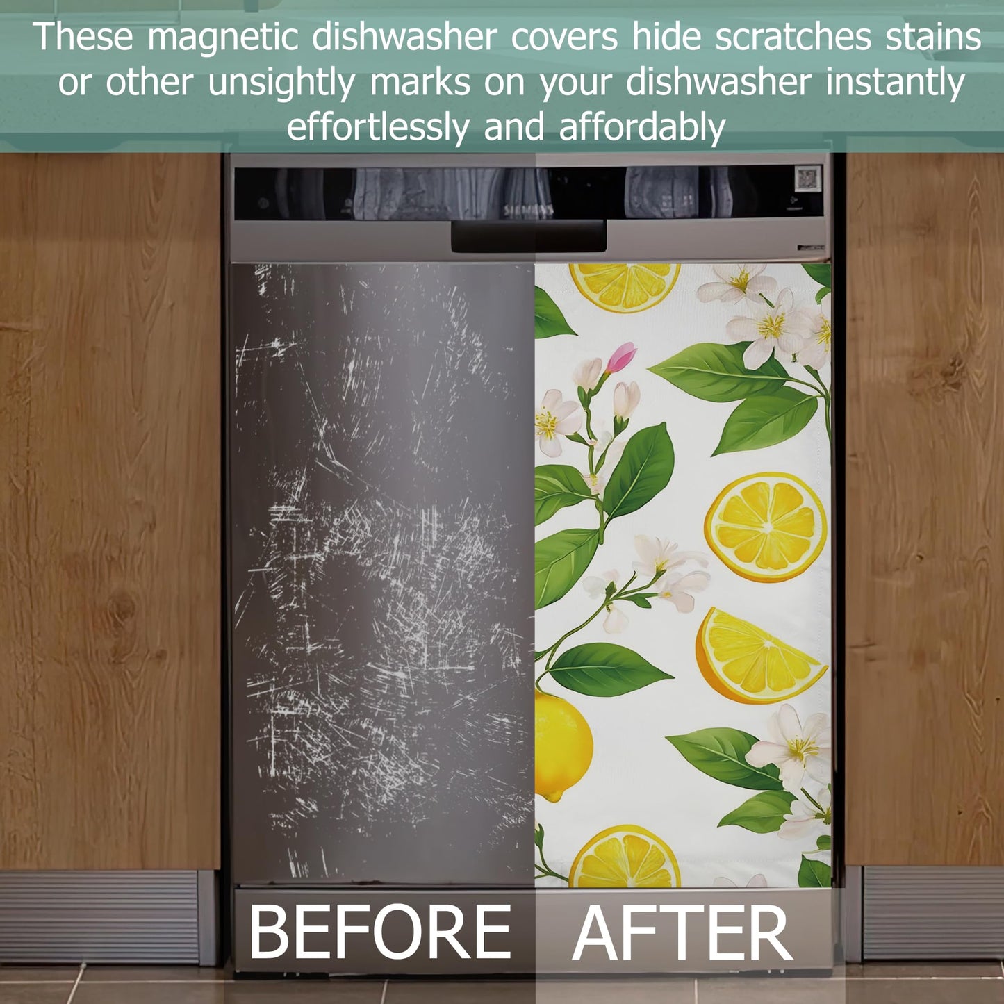 Dishwasher Cover,Lemon Fruit Reusable Dishwasher Magnet Cover,Decorative White Flowers Magnetic Refrigerator Cover Front Panel Cover for Kitchen Decor 23x26 Inch