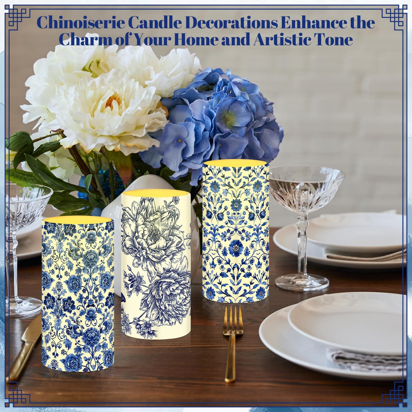Tiamon 4 Pcs Chinoiserie Flameless Pillar Candles LED Blue and White Porcelain Candles Set Battery Operated Warm Light Flickering Chinoiserie Decor for Wedding Home Table Party Decoration