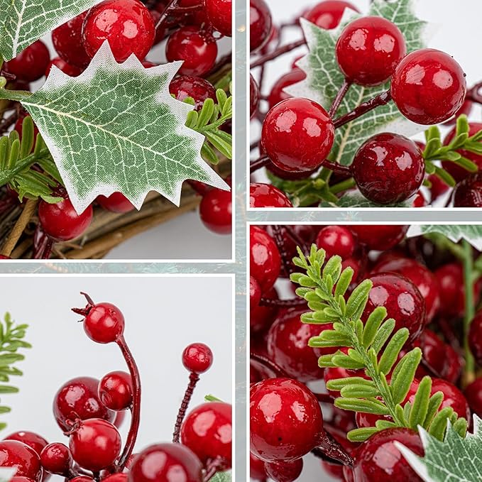JINGHONG Artificial Christmas Wreath 20 Inch Christmas Wreaths for Front Door Red Berry Wreath with Holly Berries Leaves Pine Needles for Indoor Outdoor Xmas Winter Holidays