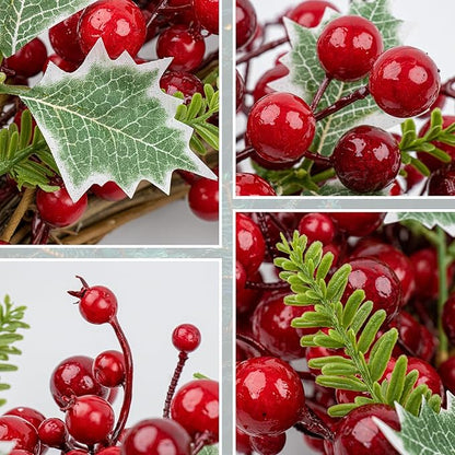 JINGHONG Artificial Christmas Wreath 20 Inch Christmas Wreaths for Front Door Red Berry Wreath with Holly Berries Leaves Pine Needles for Indoor Outdoor Xmas Winter Holidays
