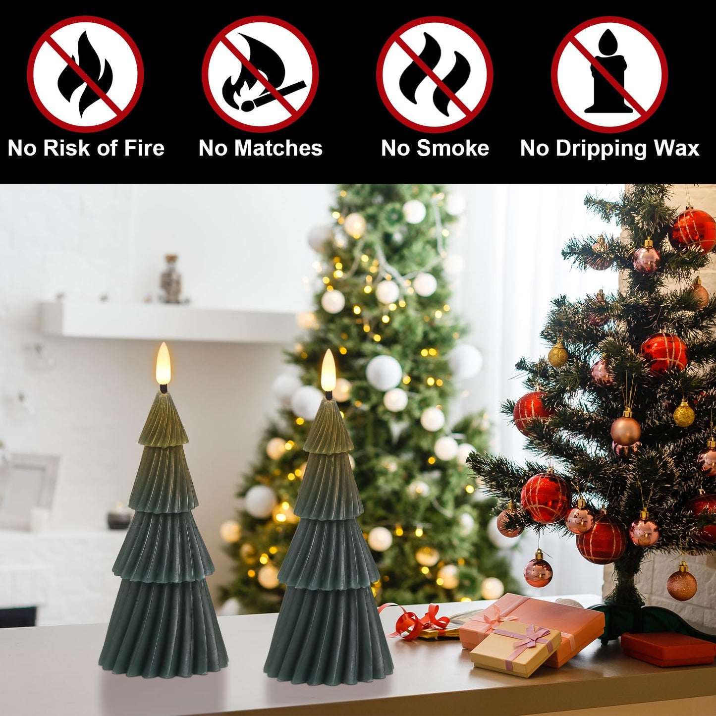 Lasumora Christmas Tree Spiral Skirt-Shaped Flameless Candles with 6H Timer, 2 Pcs Battery Operated LED Pillar Candle with Flickering 3D Wick, Green Candles for Home Décor Christmas Gifts