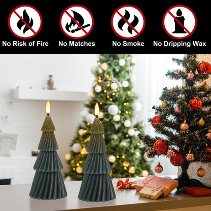 Lasumora Christmas Tree Spiral Skirt-Shaped Flameless Candles with 6H Timer, 2 Pcs Battery Operated LED Pillar Candle with Flickering 3D Wick, Green Candles for Home Décor Christmas Gifts