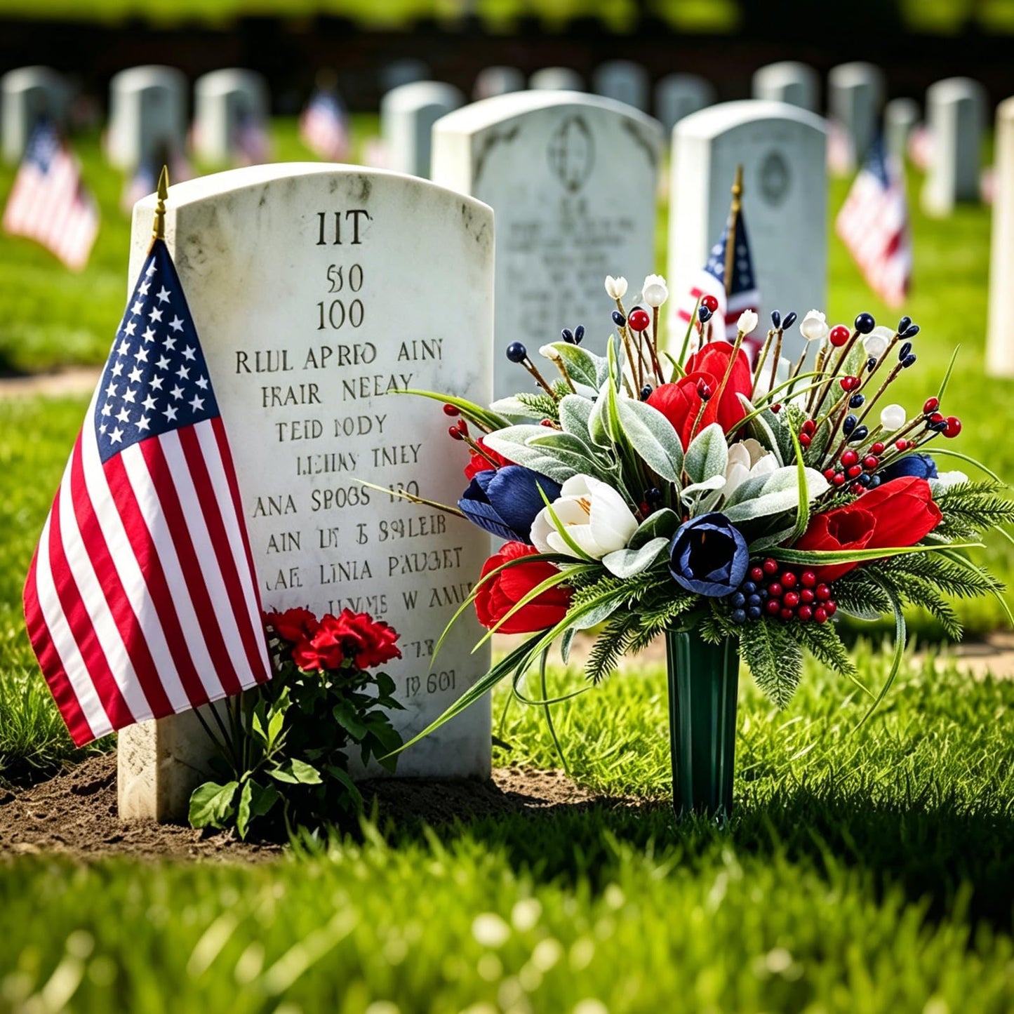 Memorial Day Flowers for Cemetery 2 Sets Artificial Patriotic Cemetery Flowers Red White Blue Roses with Berries & Lamb's Leaves for 250th Anniversary USA 4th of July Memorial Day Grave Outdoor Decor