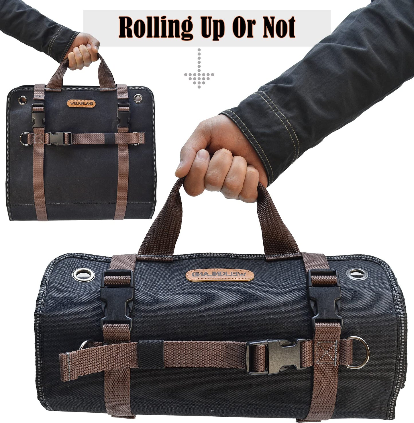 WELKINLAND Heavy-Duty Waxed Canvas Tool roll, 15-Pockets Tool Wrap Roll, 15L Tool Up Roll Bags, Tool Bag Roll, Tool roll organizer, Roll up tool bag organizer
