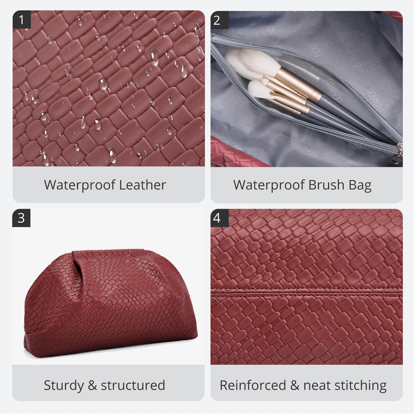 BOYATU Travel Makeup Bags for Women: Elegant Evening Woven Vegan Leather Make up Bag Clutch – 3 Pcs Set Large Capacity Compact Cosmetic Organizer for Purse,Bride Bridesmaid Gift (Red)