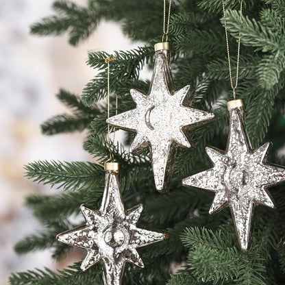 Leinuosen 6 Pcs Christmas Glitter Glass Star of Bethlehem 5 x 4 Inch Blown Glass Decorative Hanging Ornaments for Christmas Tree Xmas Party Decorations Holiday(Silver)