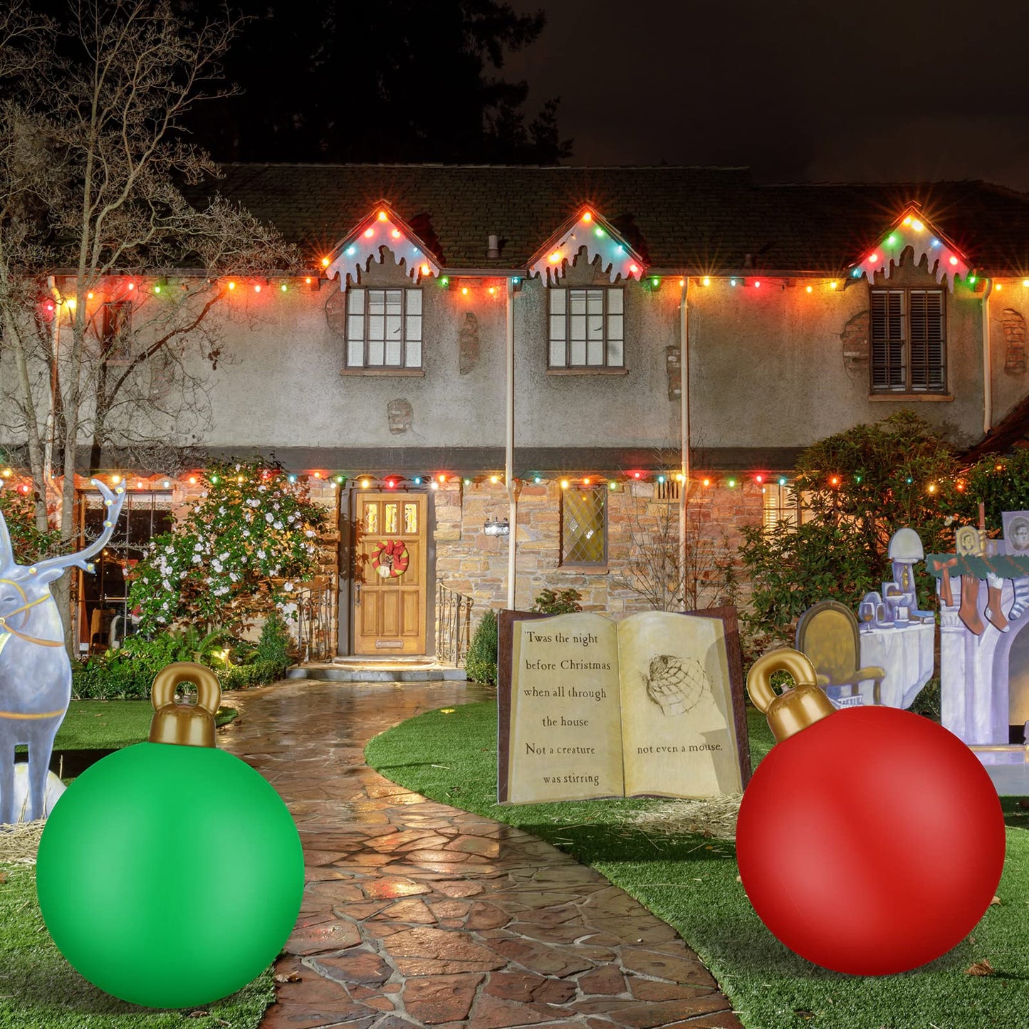 Jetec 4 Pcs Giant Inflatable Christmas Ball Large Xmas Inflatable Ornaments PVC Outdoor Holiday Blow Ball Outside Yard Lawn Porch Decorations (Solid,Red,Green,Blue,Gold)