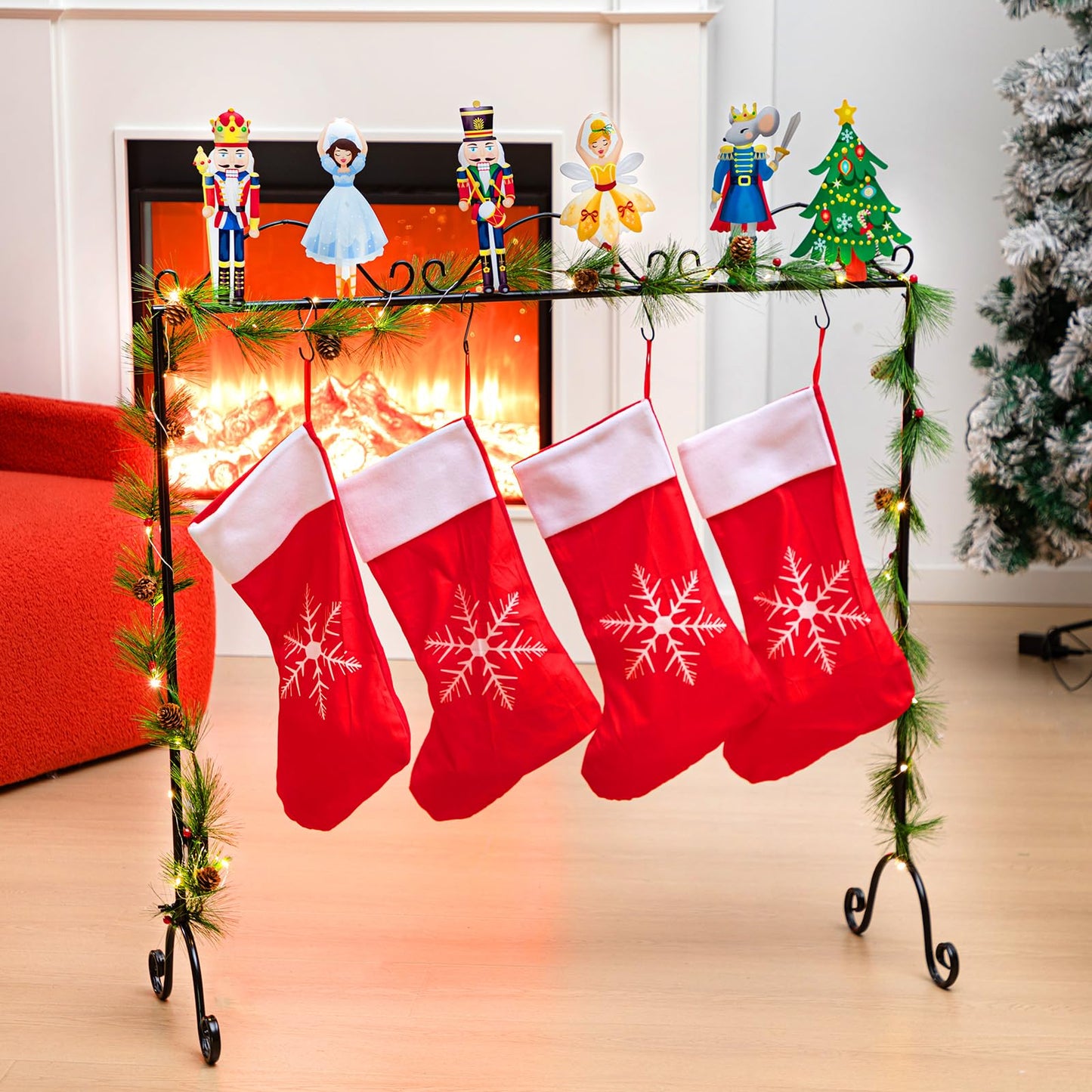 Sliner Christmas Stocking Holder with 12 Detachable Hooks 39.8 in Metal Stocking Holder Stand with String Lights, Freestanding Hangers Racks for Floor Fireplace Living Room(Nutcracker)