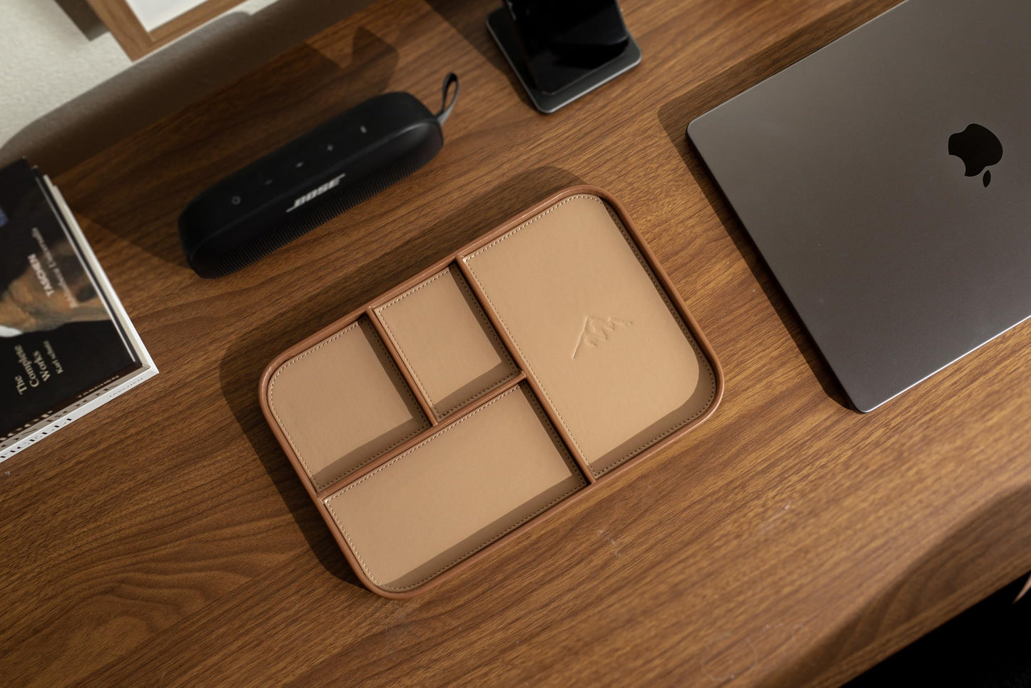 MUUJEE Leather Catchall Multitray (Design 1) - 11.65 x 7.75 x 0.8, Everyday Watch and Wallet Caddy Organizer with 4 Compartments, Accessory Glasses Phone Valet Dump Tray for Bedside Nightstand, Tan