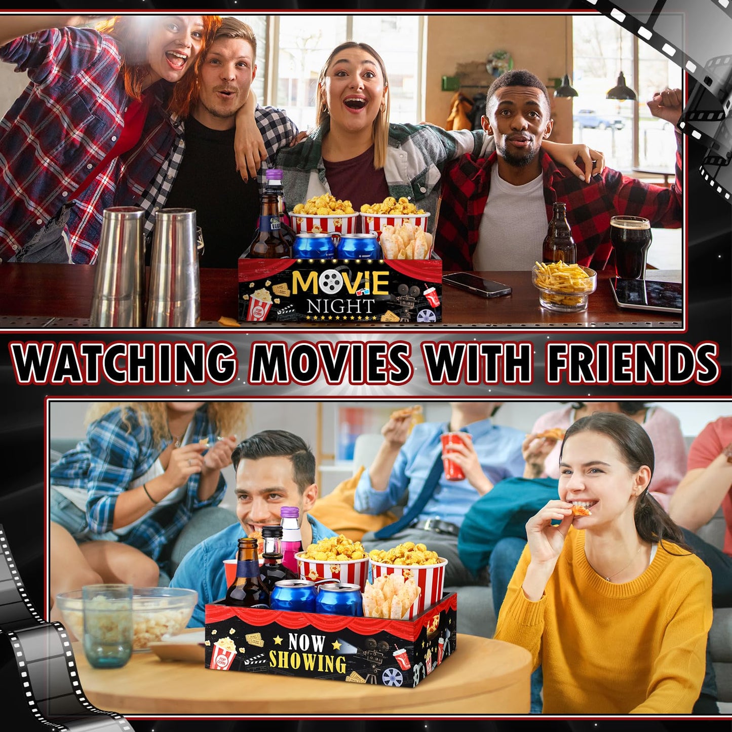 Movie Night Supplies Snack Trays with Handles Reusable Wooden Movie Gift Basket for Theater Popcorn Bucket Bowl Box Container Family Room Decor(Classic Style)