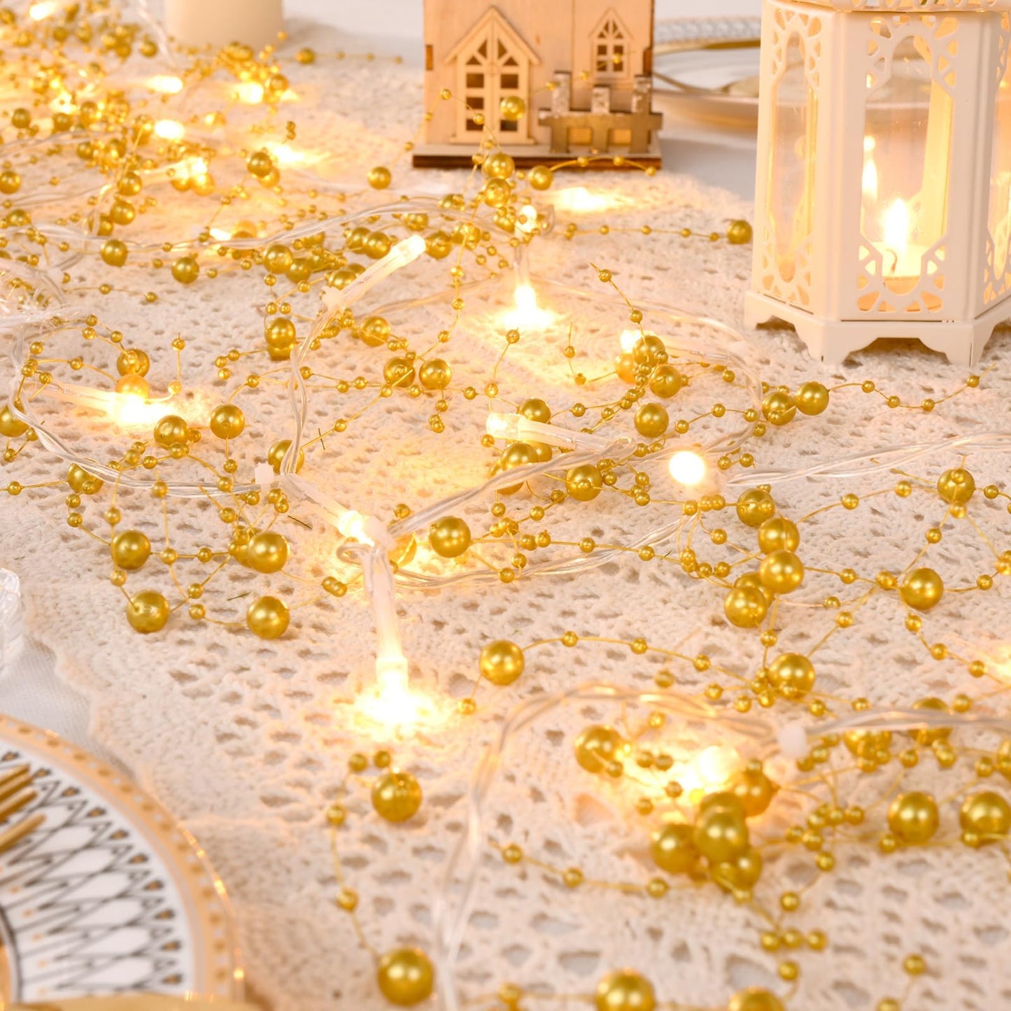 Christmas Garland with Lights, 2Pcs Lighted Berry Garland, Gold