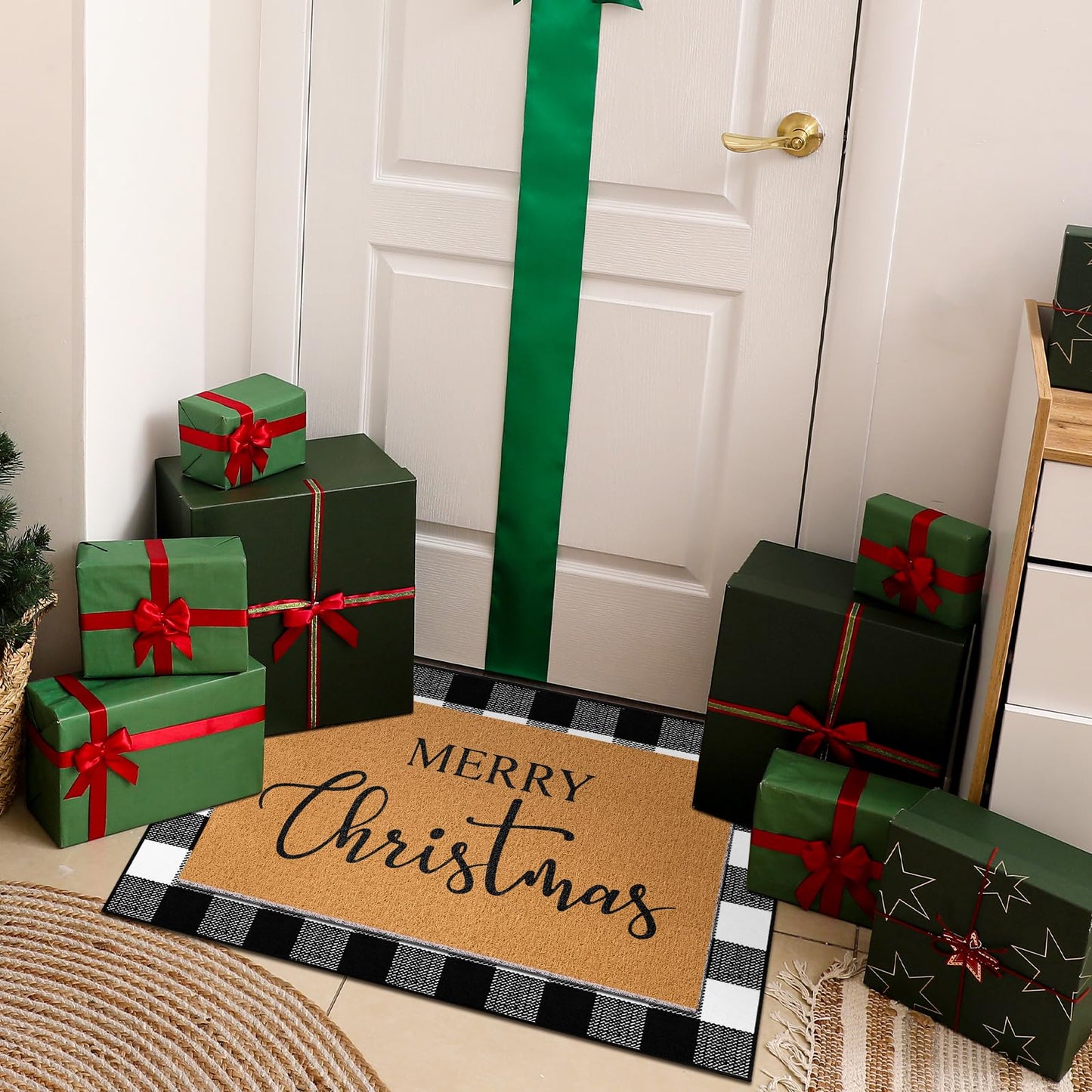 Duraaamo 2 Pcs Christmas Doormat Merry Christ Non Slip Outdoor Rug Xmas Welcome Layered Buffalo Floor Mats for Front Porch Entryway(Black White,Plaid)