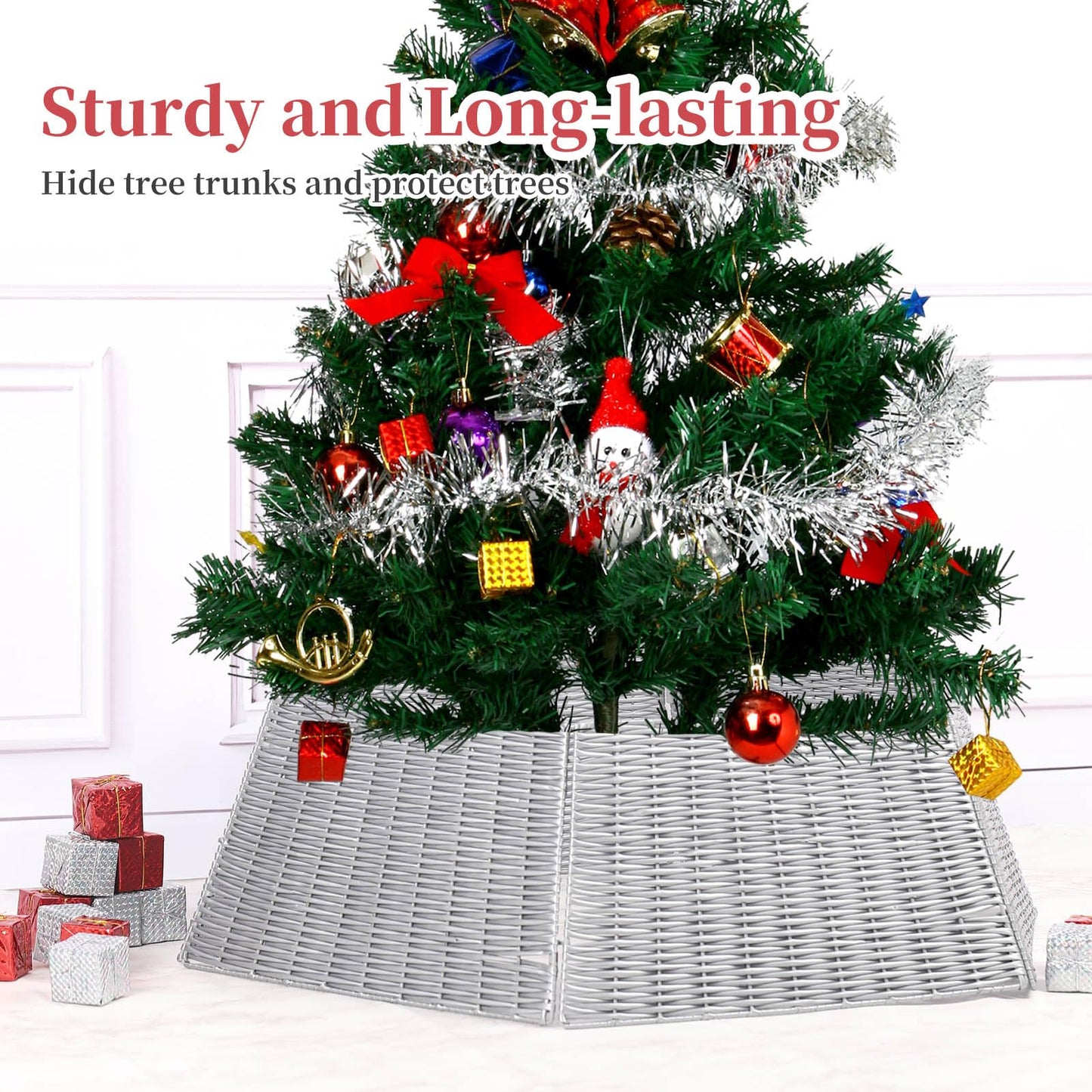 Vencer 34.2''Christmas Tree Collar,Plastic Rattan Xmas Tree Skirt,Rustic Decorations,Tree Skirt Base for Christmas Tree Decorations,Grey,CTS-G010