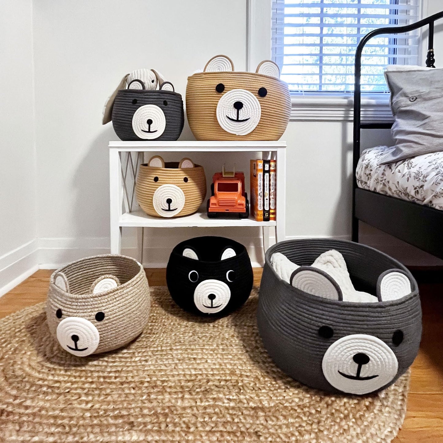 CherryNow Cotton Rope Baby Basket for Nursery, Bear Gift Baskets for Kids, Empty Baby Shower Basket with Handles, Small Cute Animal Baskets, Brown, 10.5"D x 8.5"H